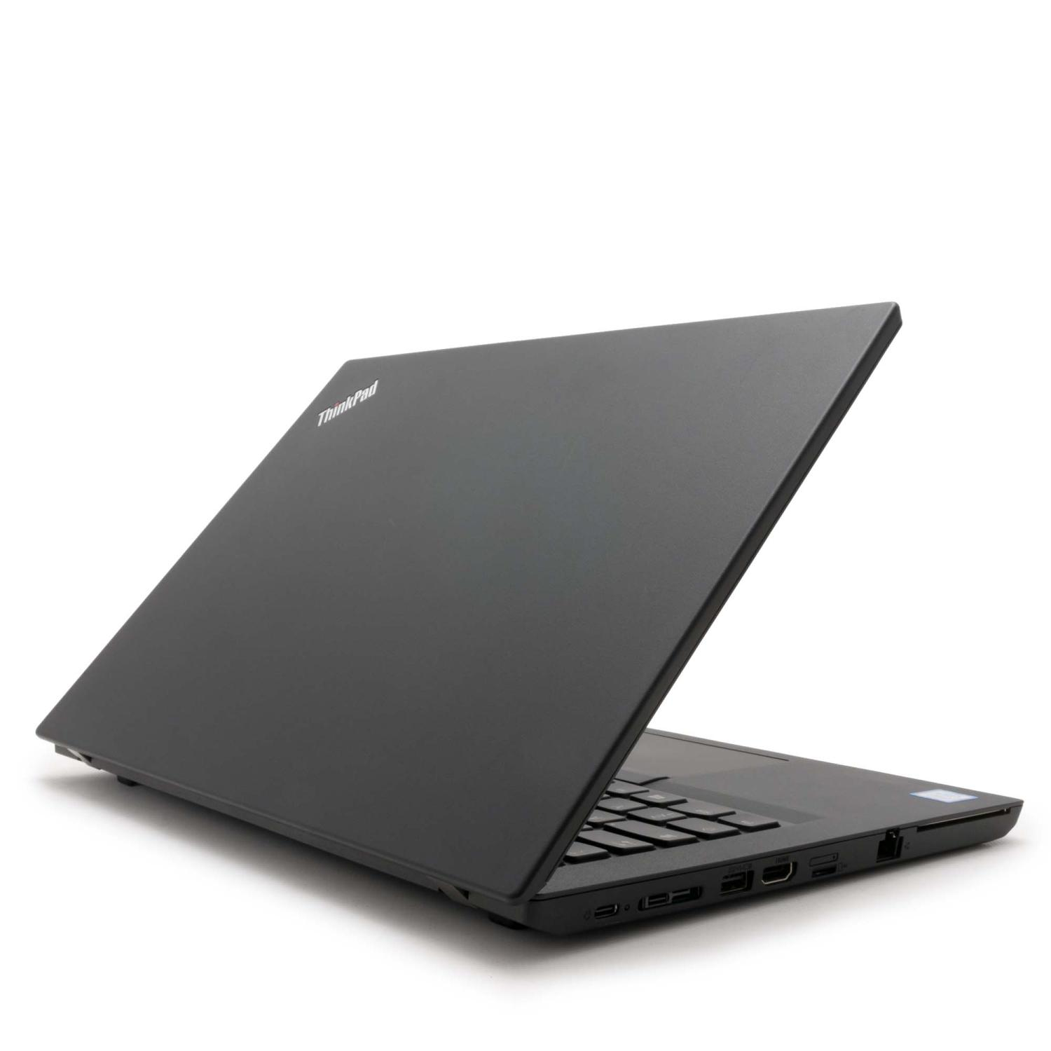 Schwarzer Laptop, Deckel leicht geöffnet. ThinkPad-Logo ist oben sichtbar. Weißer Hintergrund.