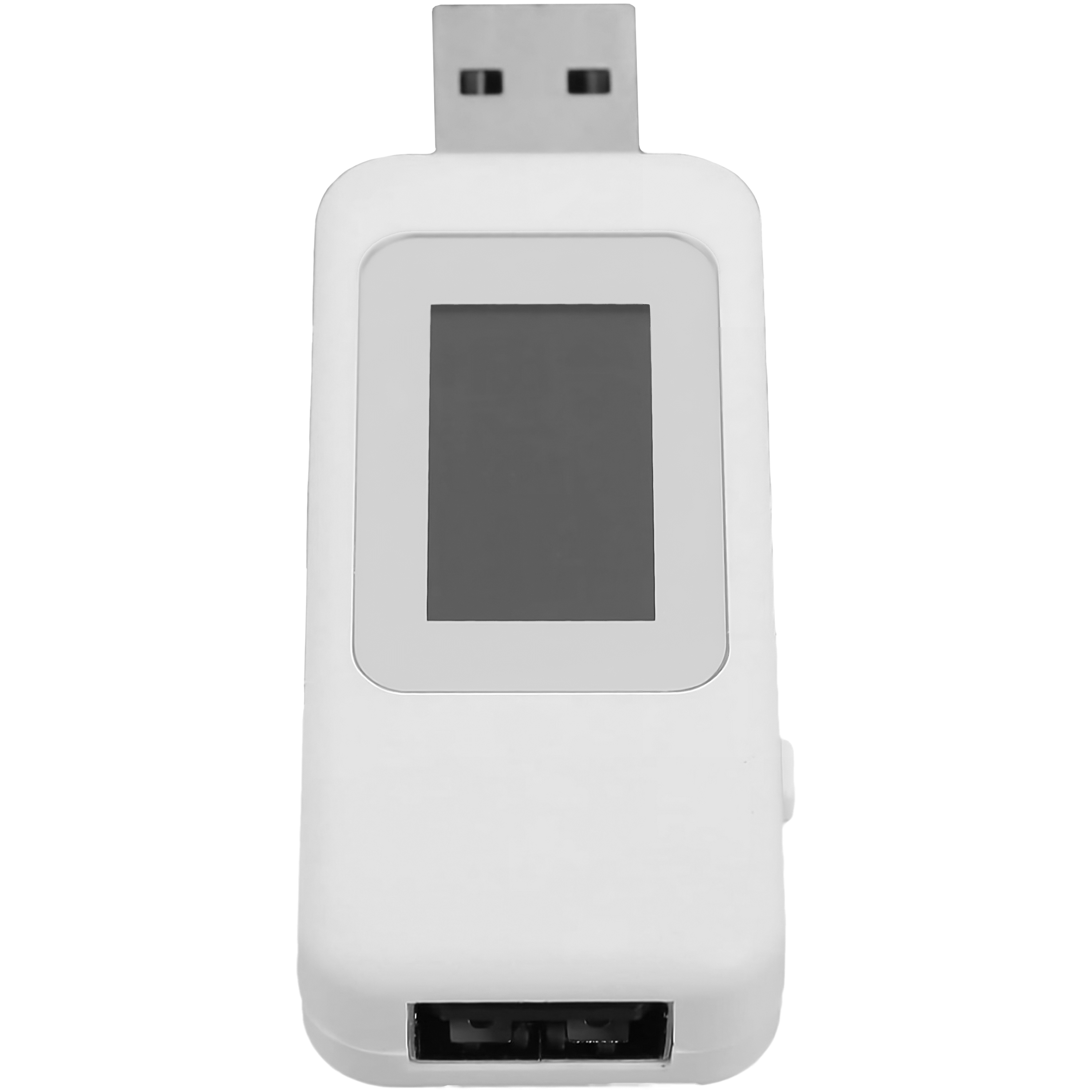 Ein weißes rechteckiges USB-Gerät mit kleinem Bildschirm und USB-Anschluss oben.