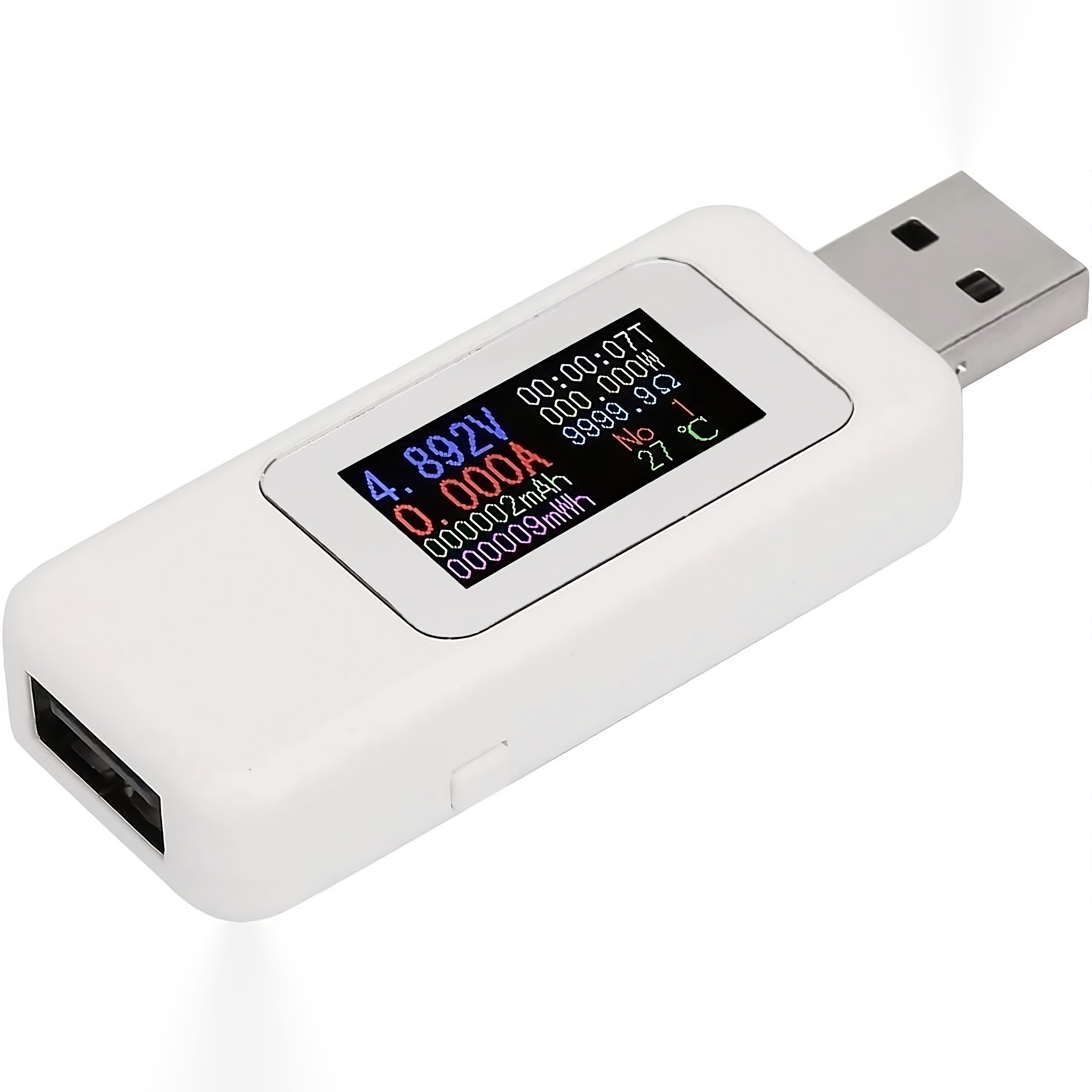 Ein weißes, rechteckiges USB-Leistungsmessgerät mit digitaler Anzeige der Messwerte.
