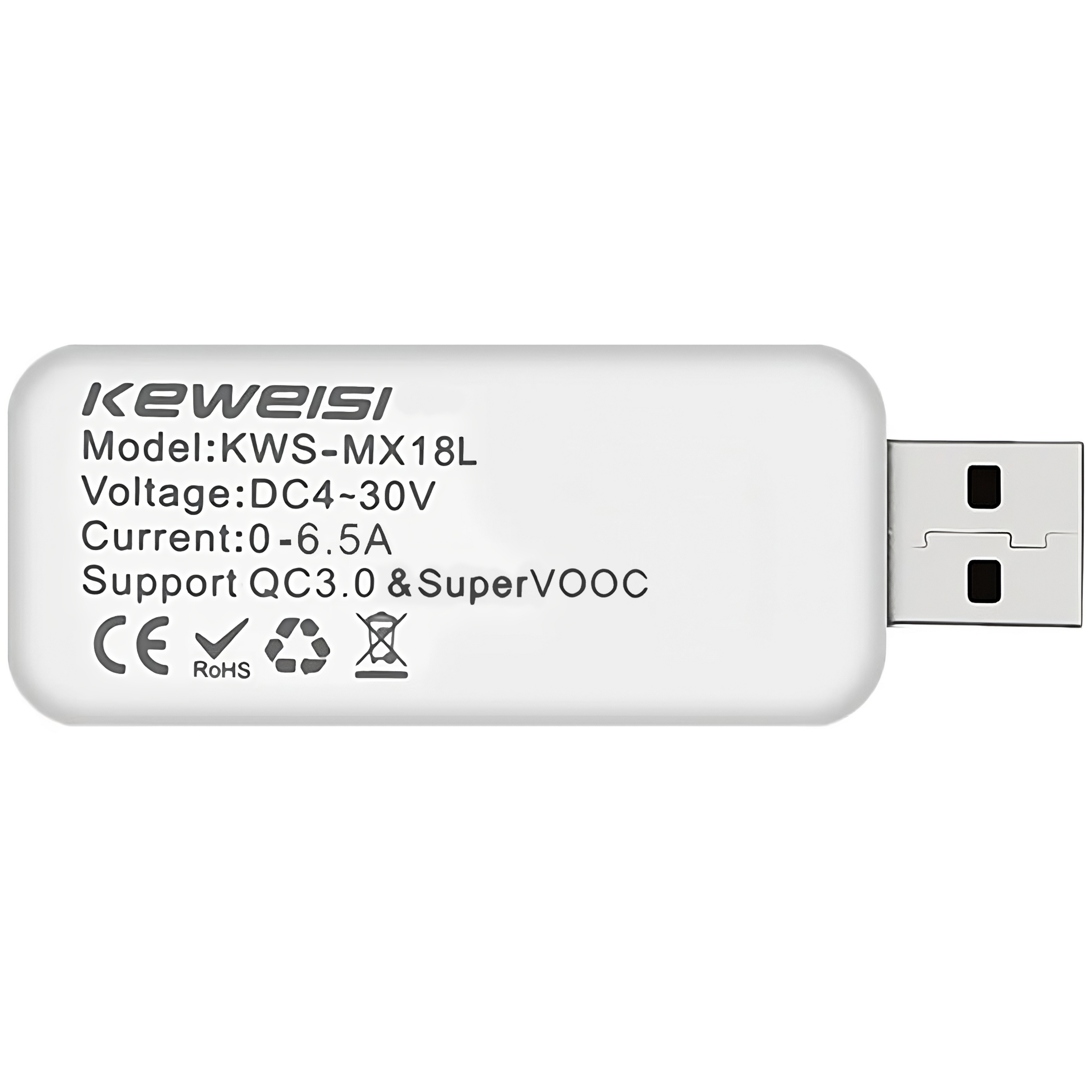 Weißes USB-Ladegerät mit Text: Keweisi, Modell: KWS-MX18L, Spannung: DC4-30V, Strom: 0-6,5A.