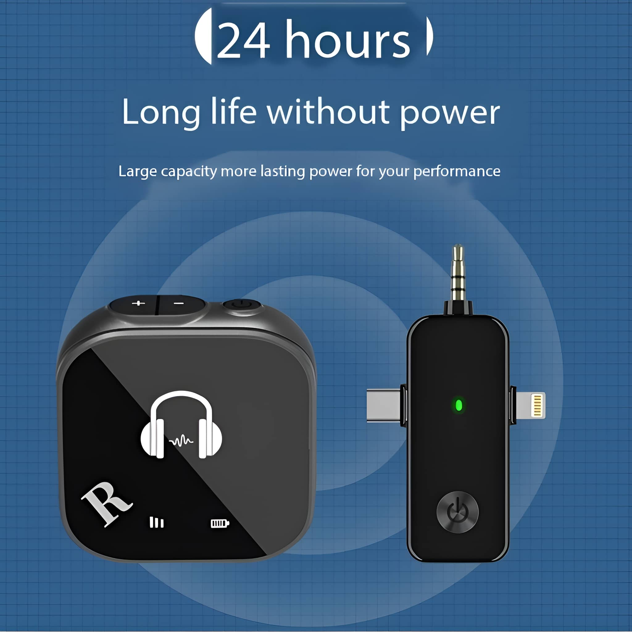 Schwarzes und silbernes Audiogerät mit Text und ein weiteres schwarzes Gerät mit Lightning-Anschluss.