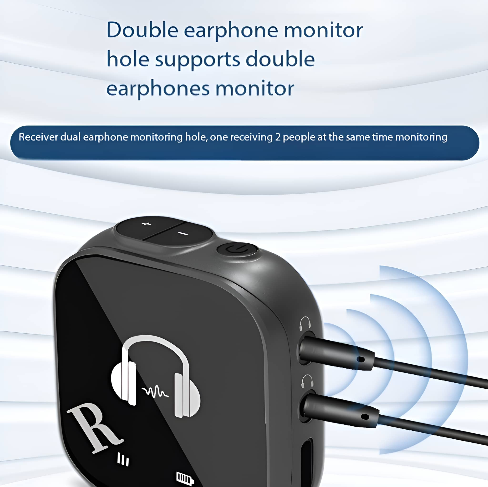 Ein schwarzer Audio-Receiver mit zwei Kopfhöreranschlüssen. Der Text beschreibt die Funktionen.