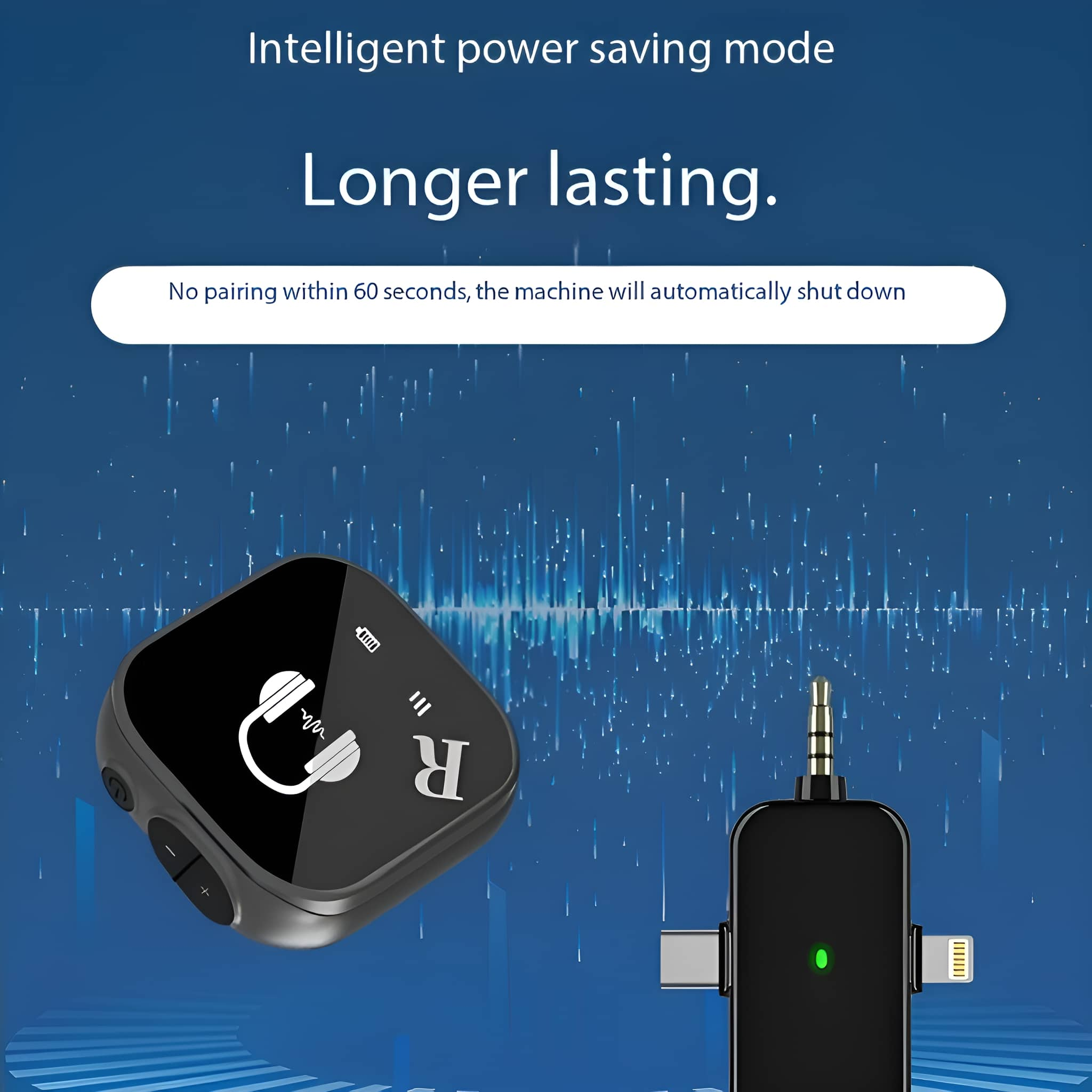 Ein schwarzes Gerät mit Kopfhörersymbol und dem Buchstaben "R", gepaart mit USB- und Lightning-Anschluss.