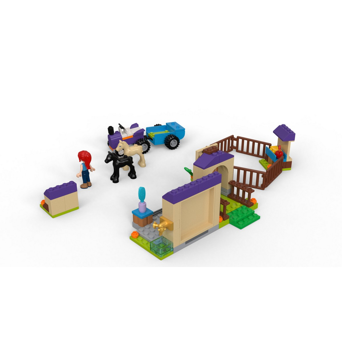Set LEGO Friends con scuderia, personaggi, un'auto e accessori su sfondo bianco.