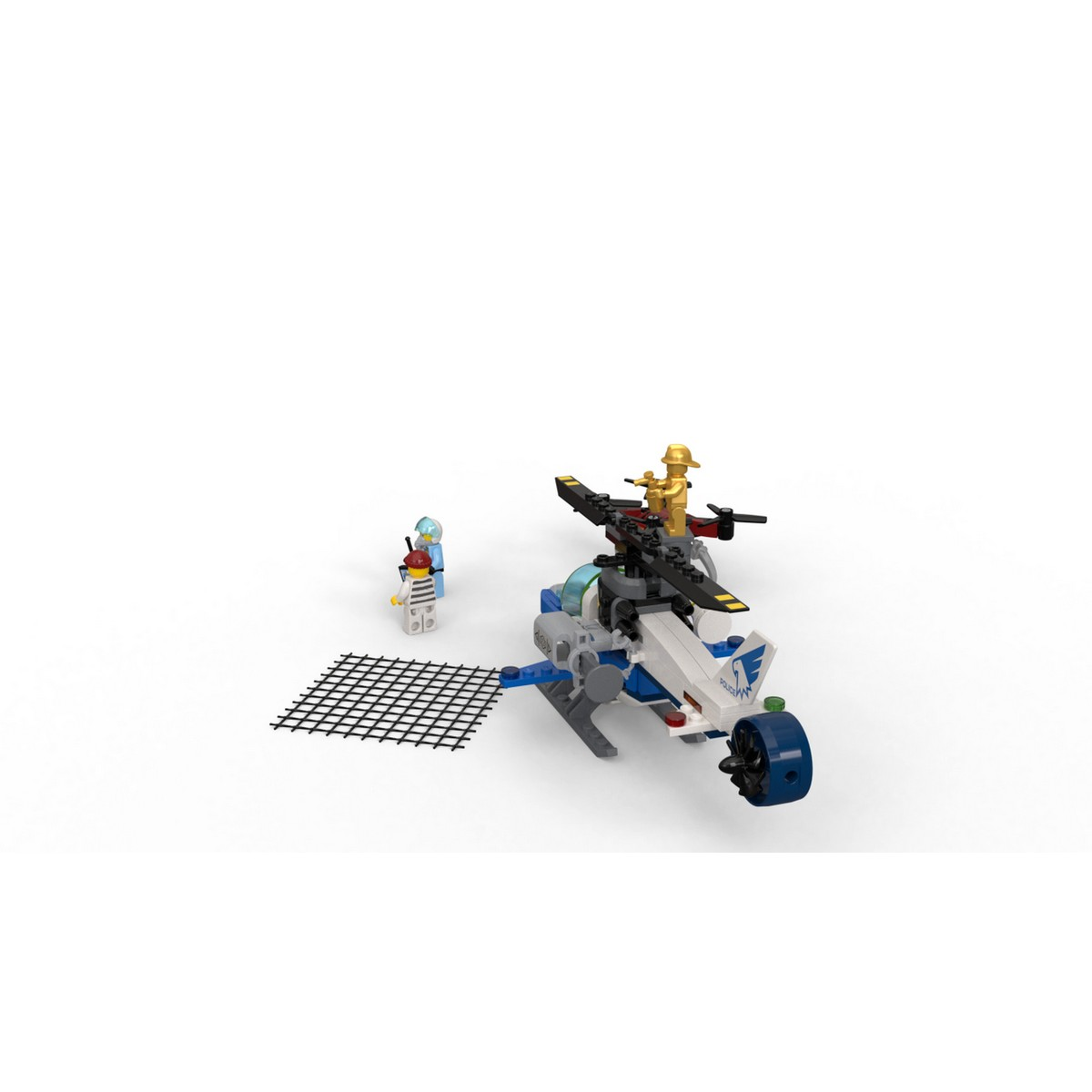 Zestaw Lego z helikopterem, minifigurką i siatką na białym tle.