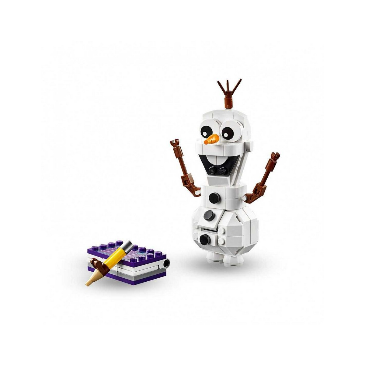 Figurka bałwana Olafa z książką i ołówkiem na białej powierzchni.