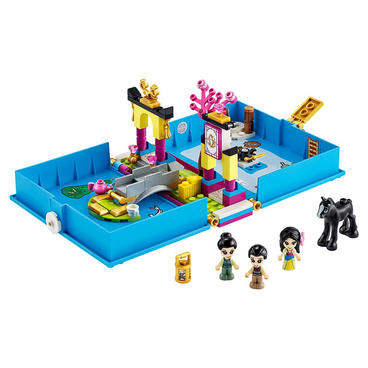 Set LEGO Friends con design a scatola blu. Include personaggi, un ponte e un piccolo edificio.