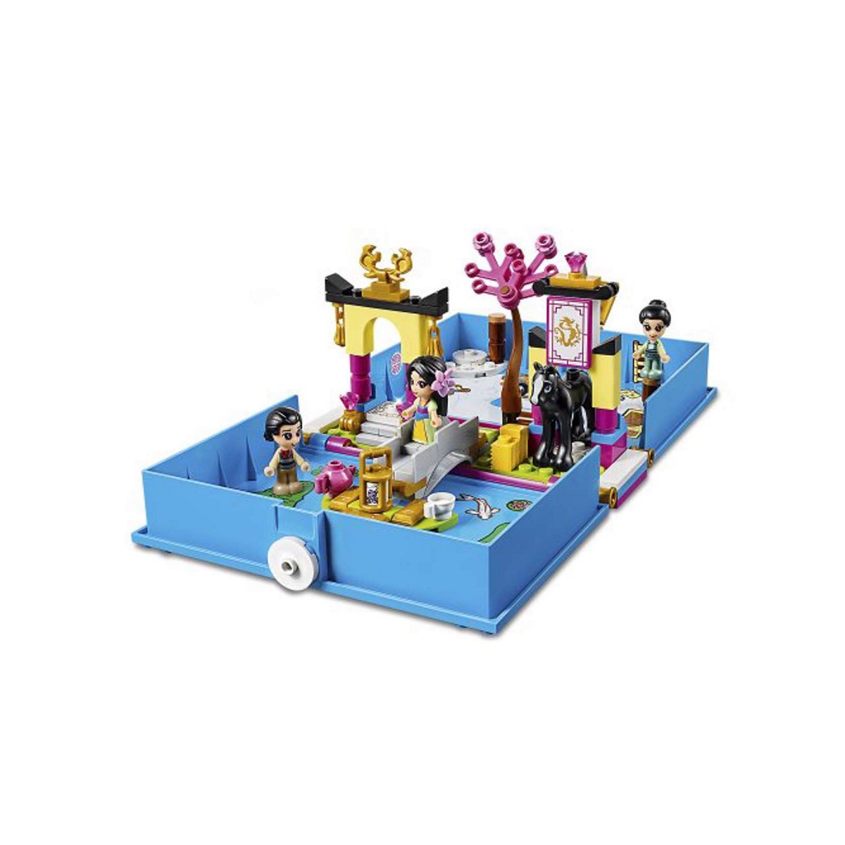 Set Lego con scena di Mulan, personaggi e un cavallo in una scatola blu.