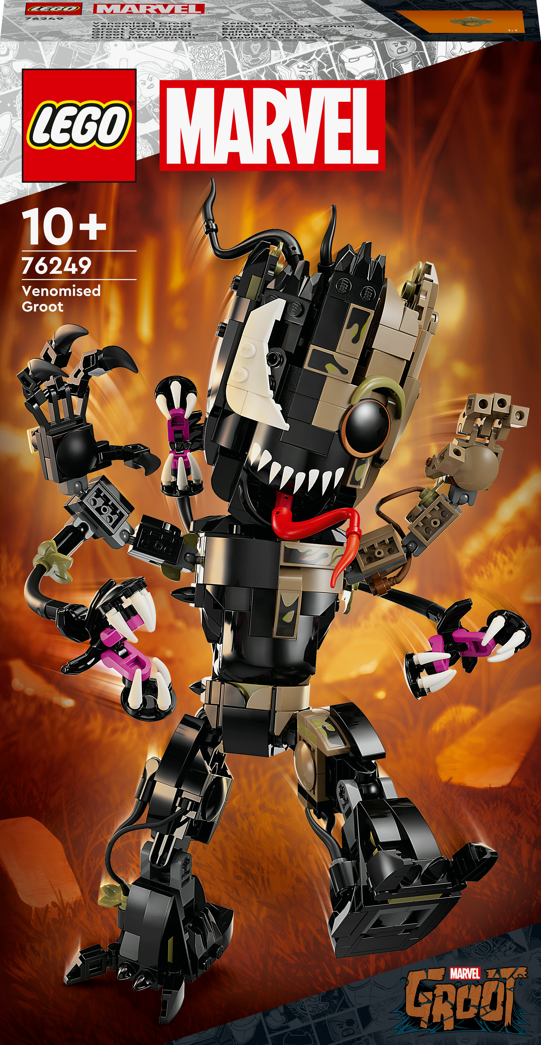 Boîte de l'ensemble LEGO Marvel avec figurine Groot Venomisé. Couleurs noir, vert et blanc.