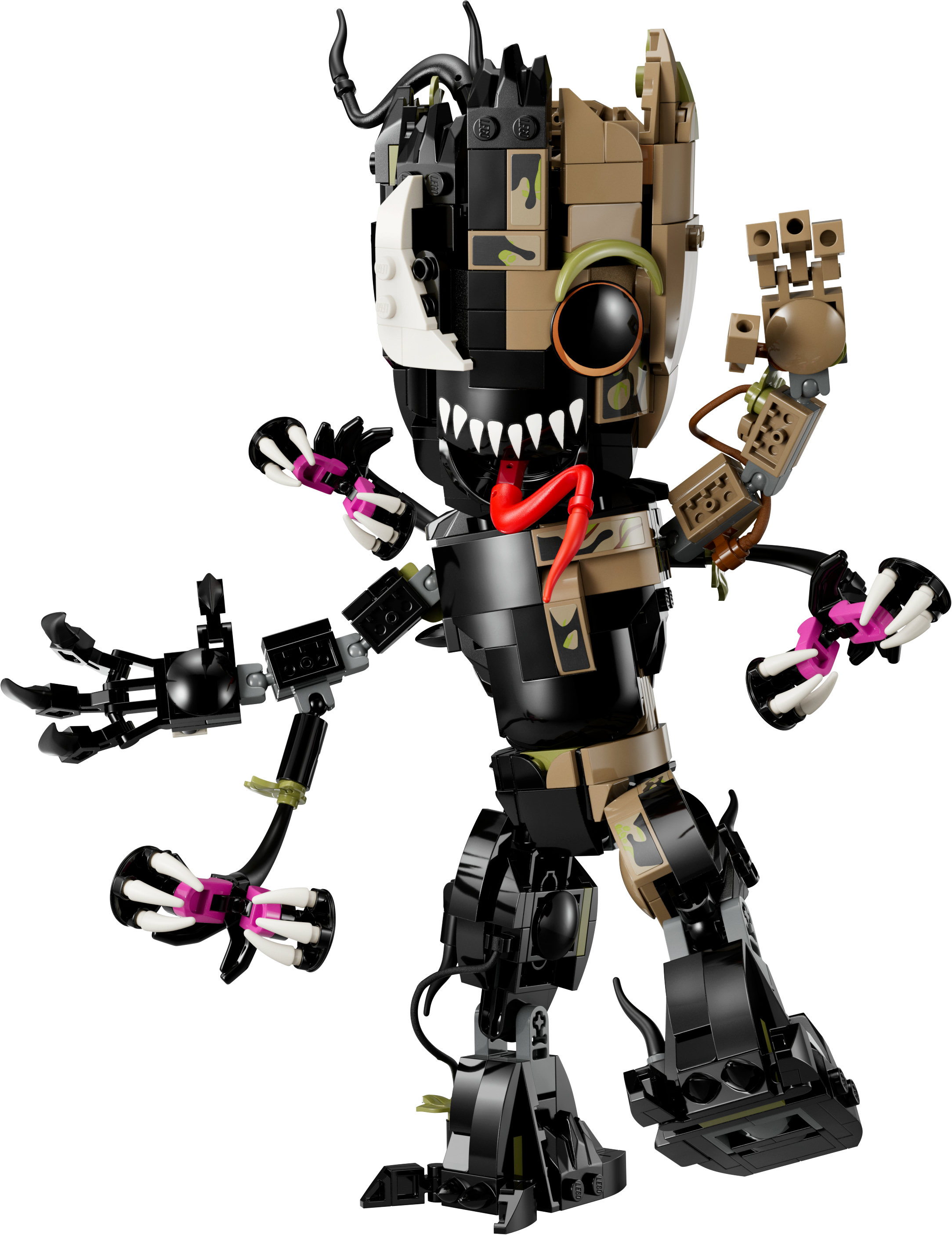 Figurine Lego de Groot mélangé à Venom. La figurine est noire, marron et blanche.