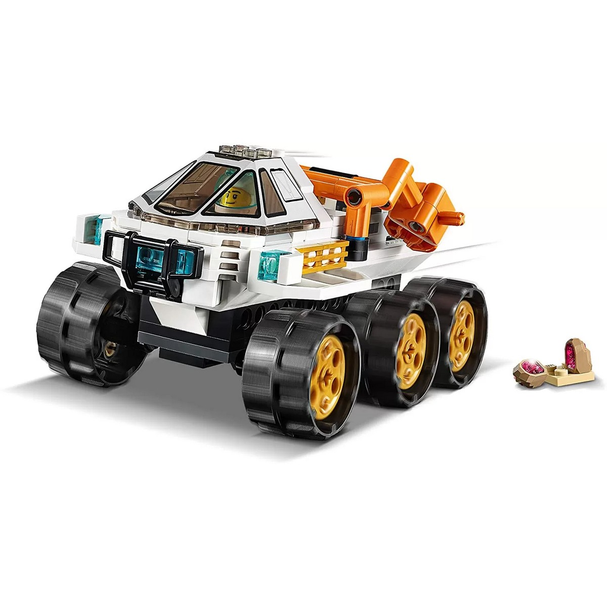 Rover Lego Mars con elementi arancioni e una minifigure. Sfondo bianco.