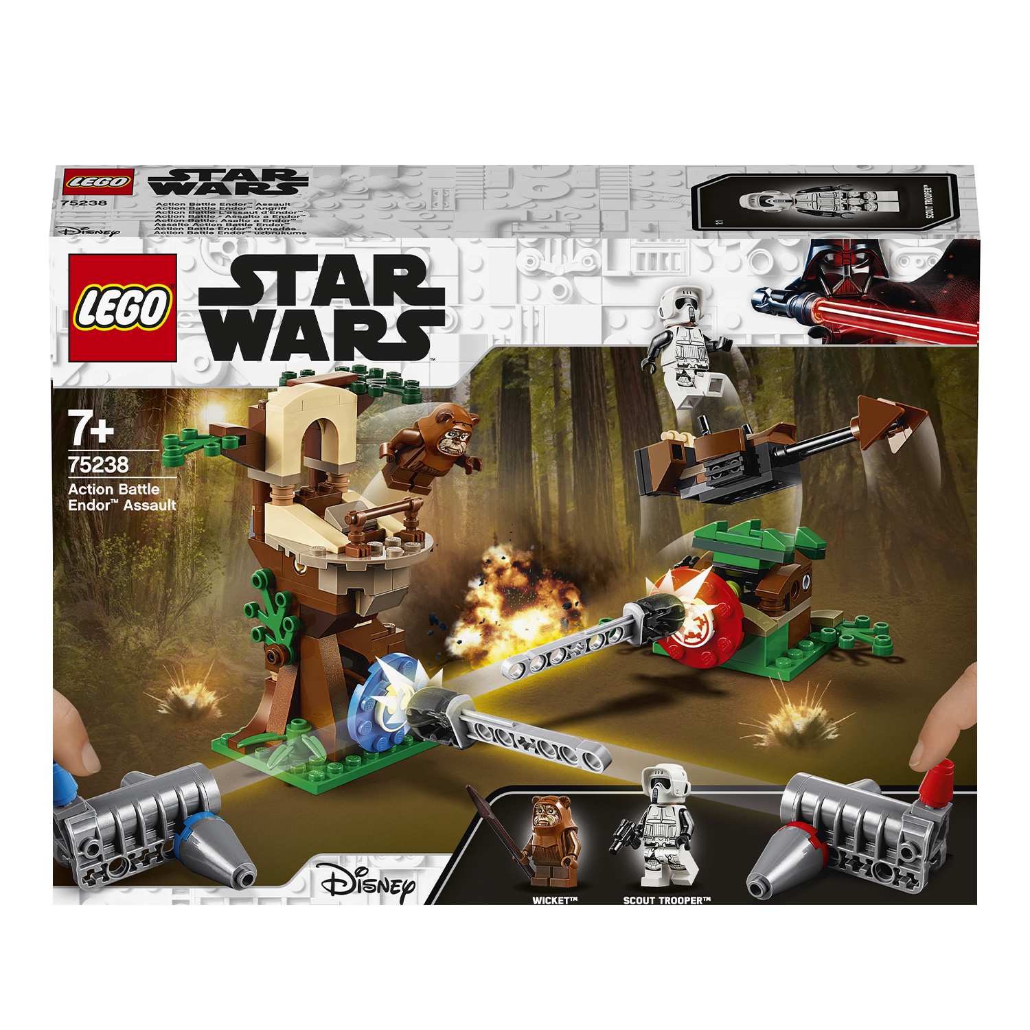 Zestaw Lego Star Wars, przedstawiający scenę bitwy z różnymi postaciami i strukturami z filmu.