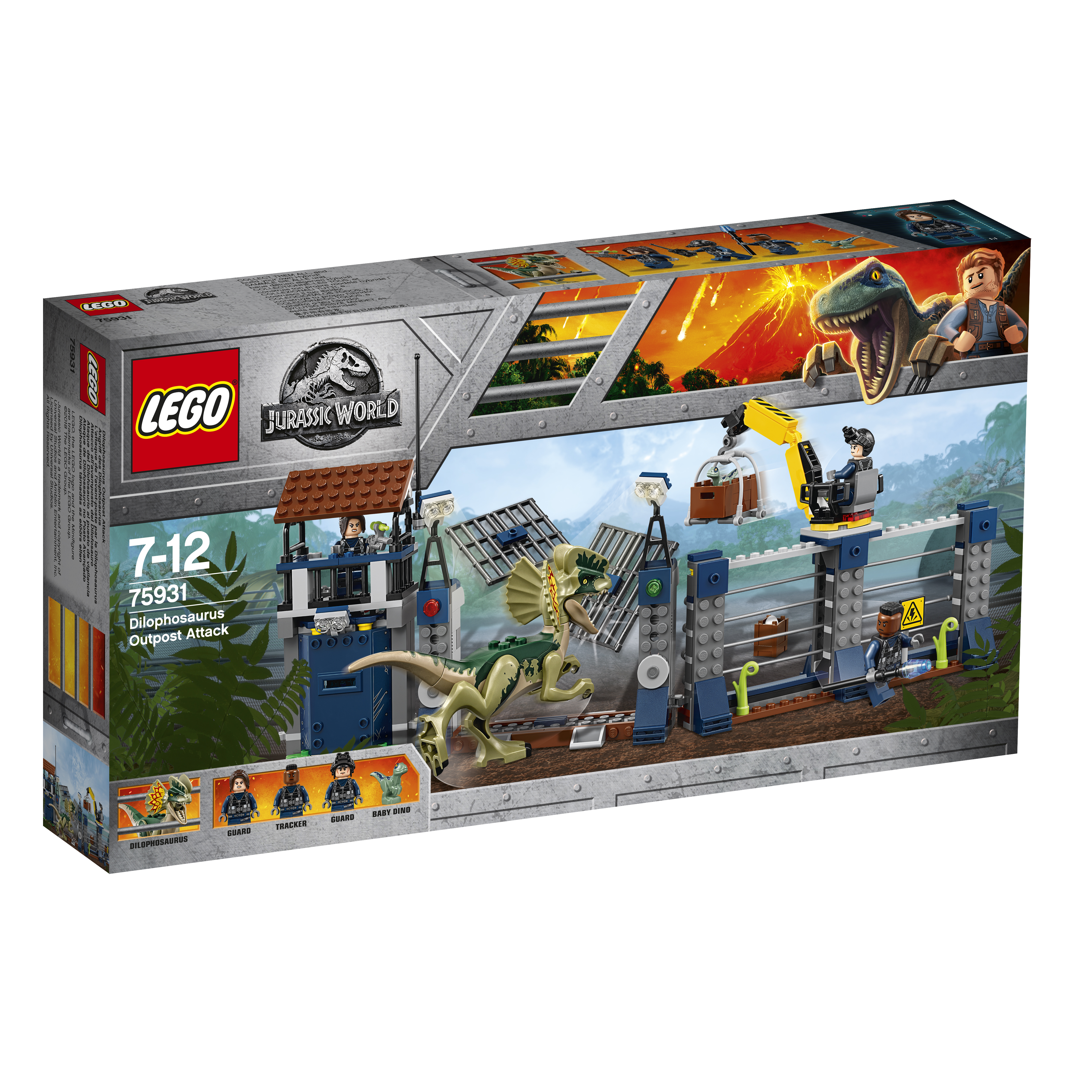 Een Lego Jurassic World boxset met een dinosaurus aanvalscène met figuren en een hek.