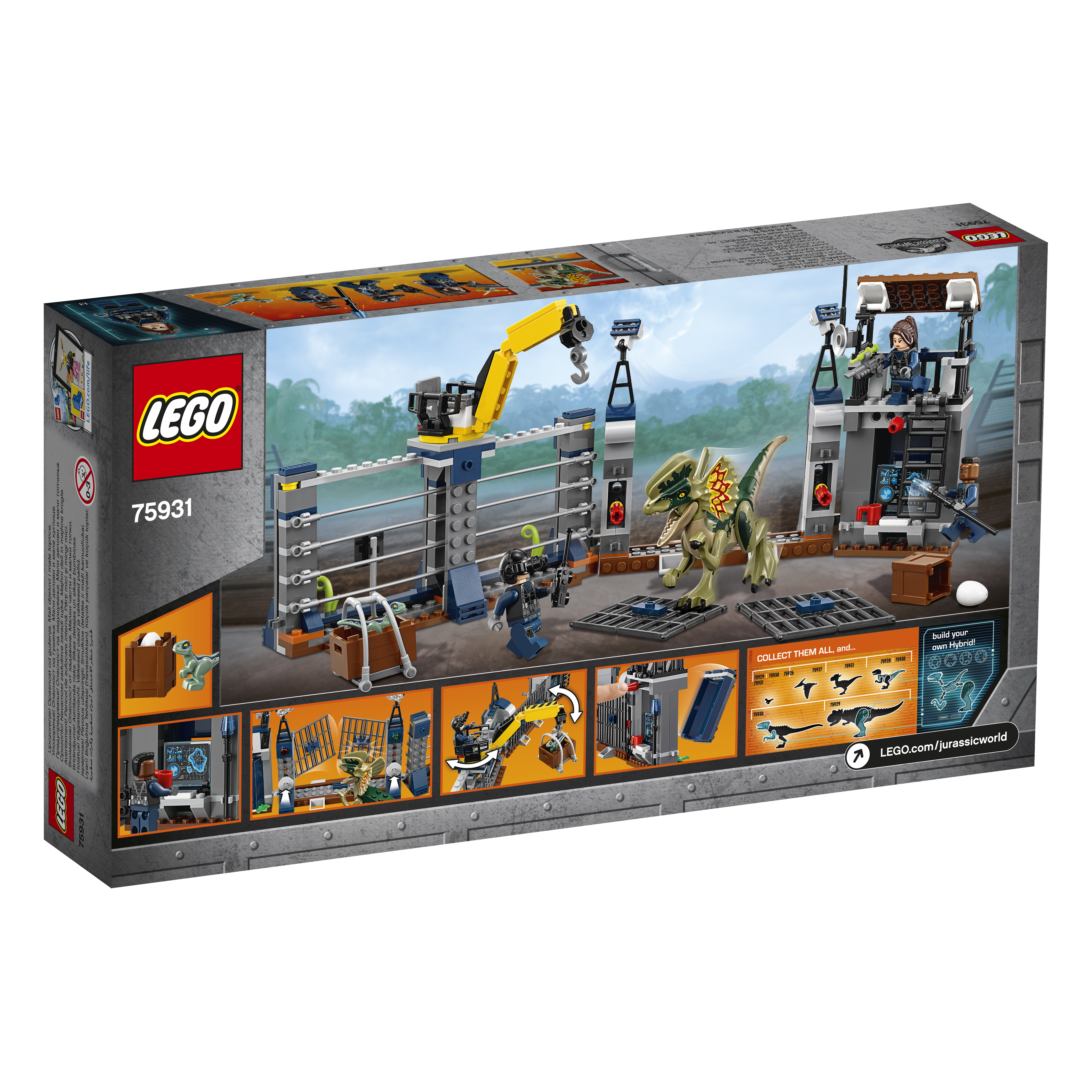 Achterkant van de LEGO Jurassic World doos, met een constructie scene met figuren en een dinosaurus.