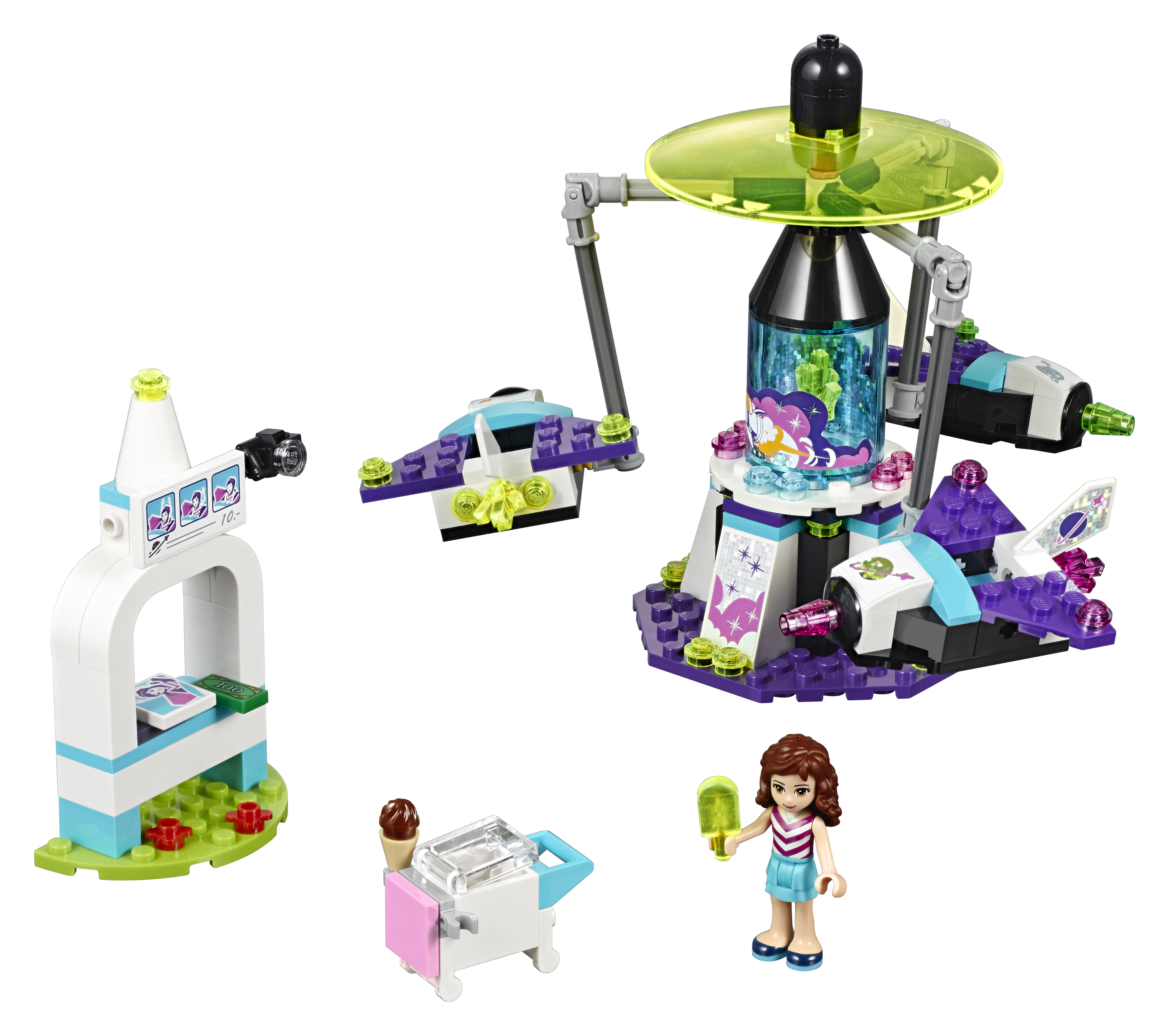 Lego Friends set met een loket, vliegende objecten, een meisje met ijs en een ander figuur.