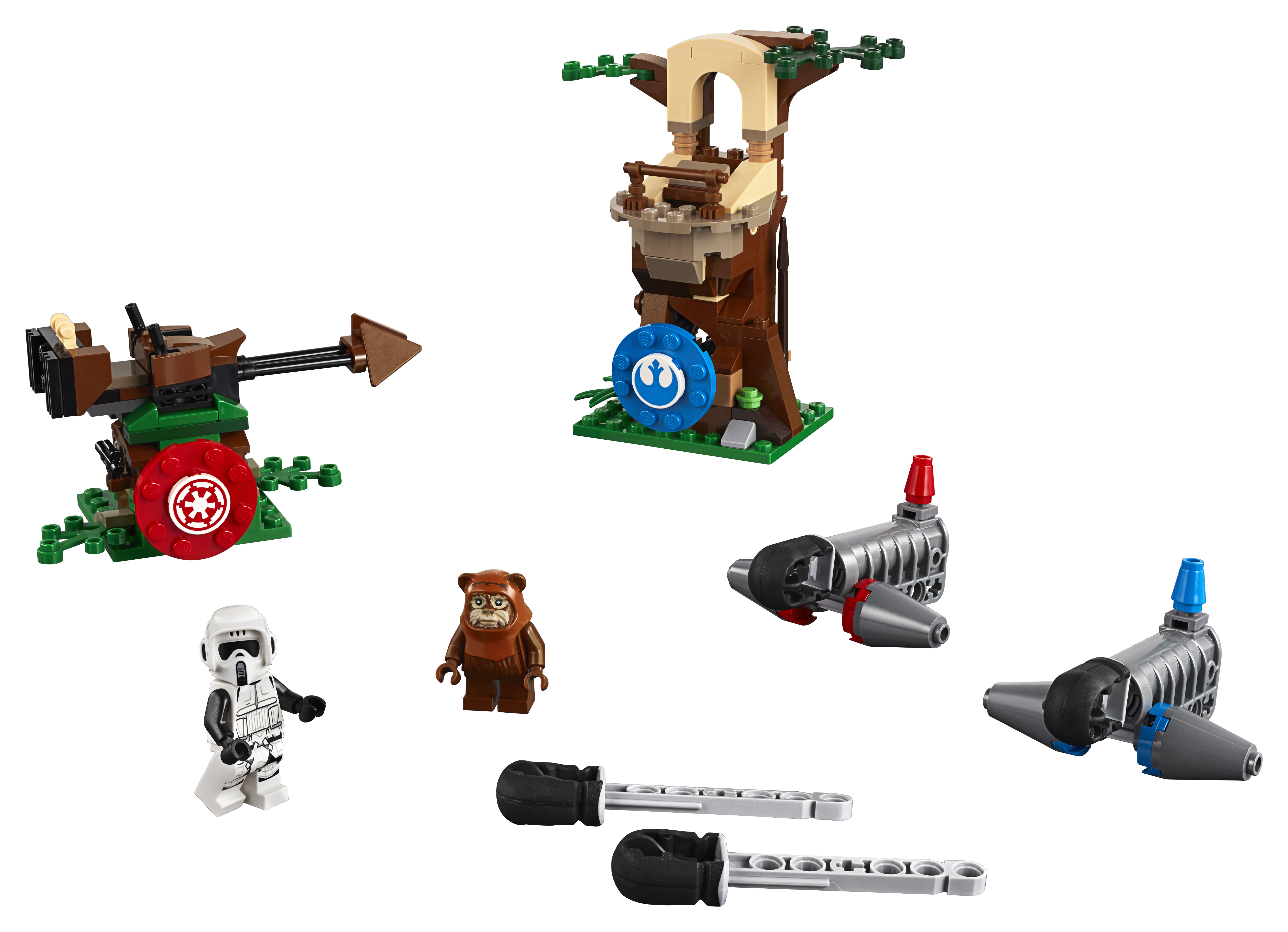 Zestaw Lego Star Wars ze zwiadowcą, figurką Wicket i leśną scenerią z drzewem.