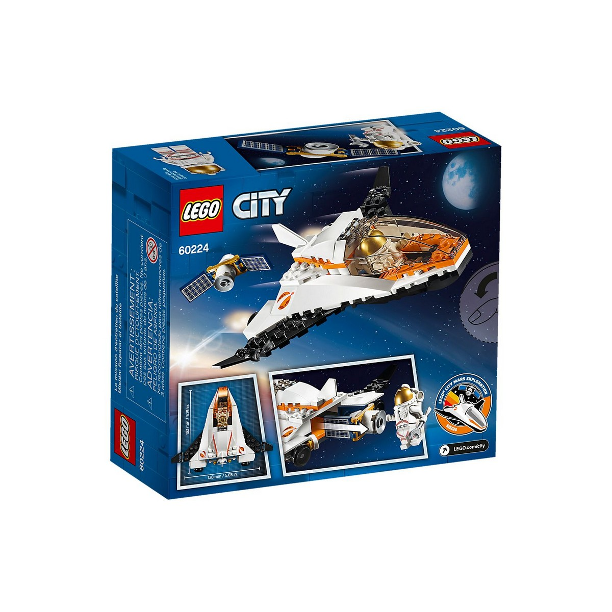 Zestaw Lego City z promem kosmicznym, satelitą i figurkami astronautów na tle nocnego nieba.