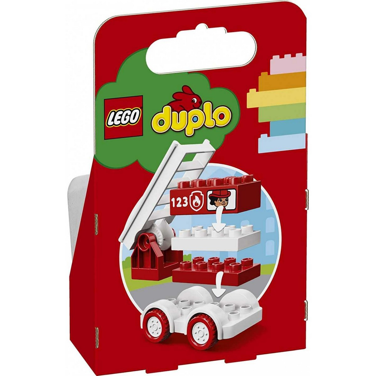 Set di camion dei pompieri LEGO Duplo, rosso e bianco, con una scala, un pompiere e blocchi.
