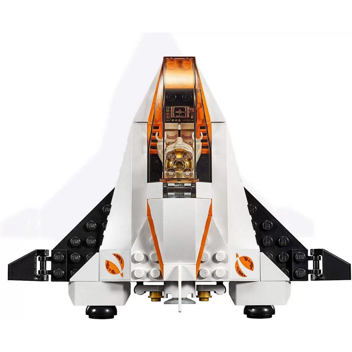 Biały i pomarańczowy statek kosmiczny LEGO z minifigurką w kokpicie. Czarne skrzydła.