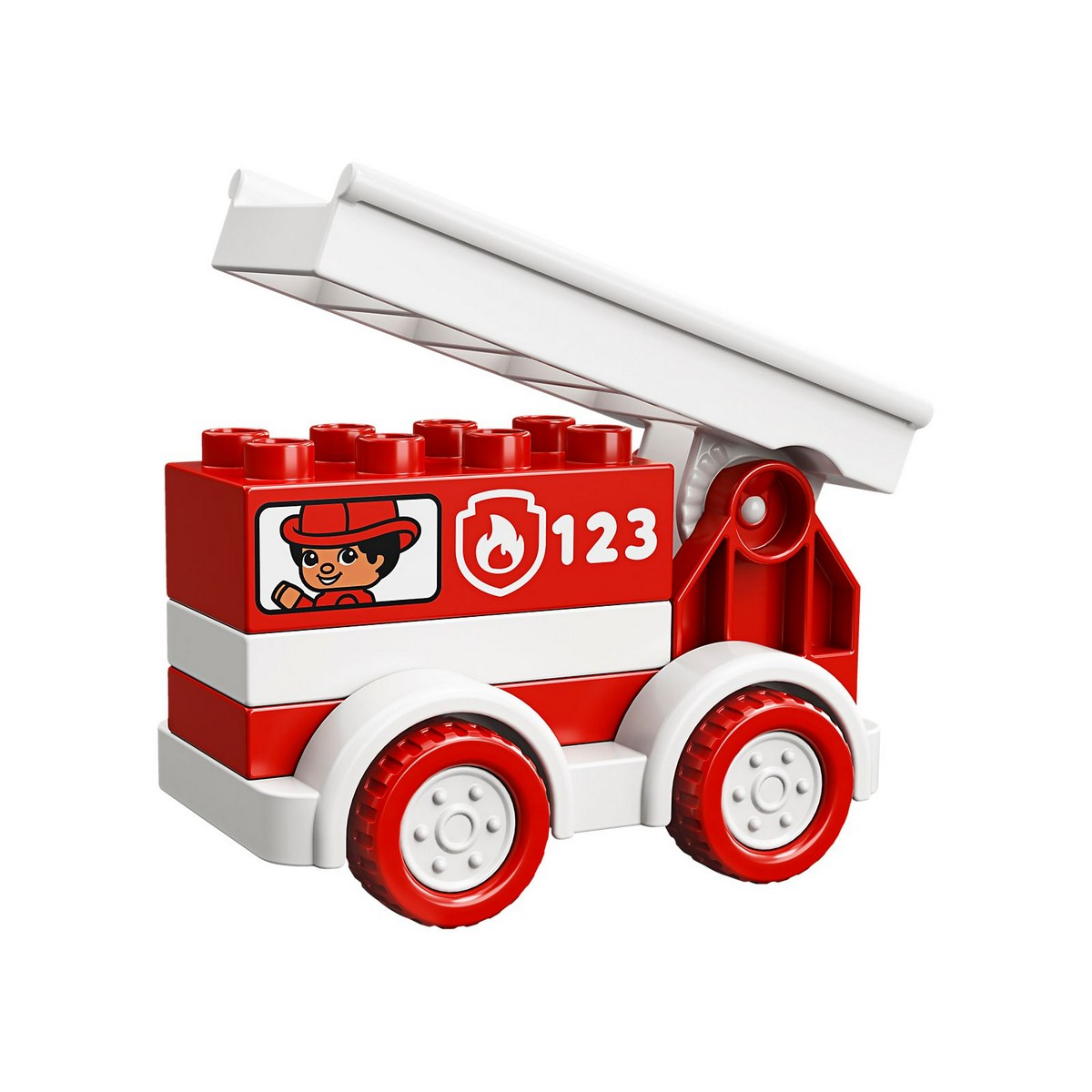 Giocattolo LEGO Duplo camion dei pompieri, rosso e bianco con scala e pompiere.
