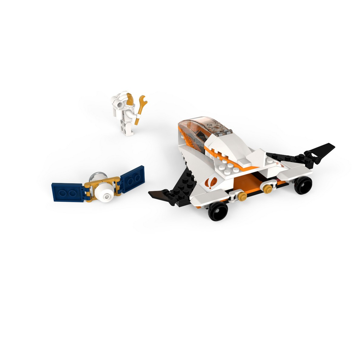 Zestaw Lego z białym i pomarańczowym statkiem kosmicznym, minifigurką i satelitą. Wszystkie elementy na białym tle.