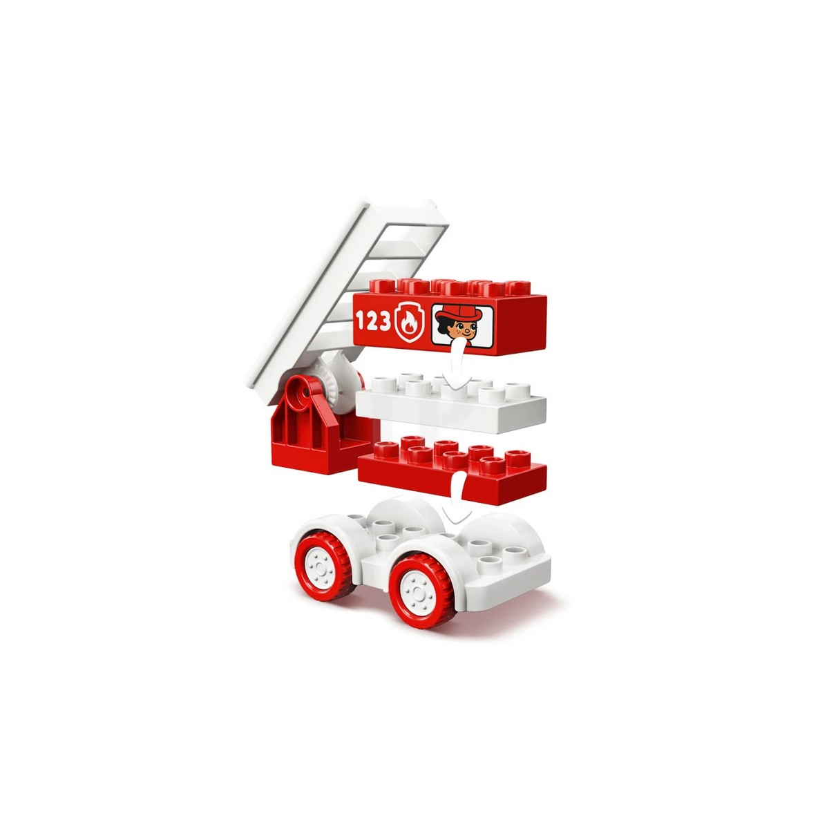 Un camion dei pompieri Lego Duplo rosso e bianco, con una scala e un personaggio dei pompieri sul lato.
