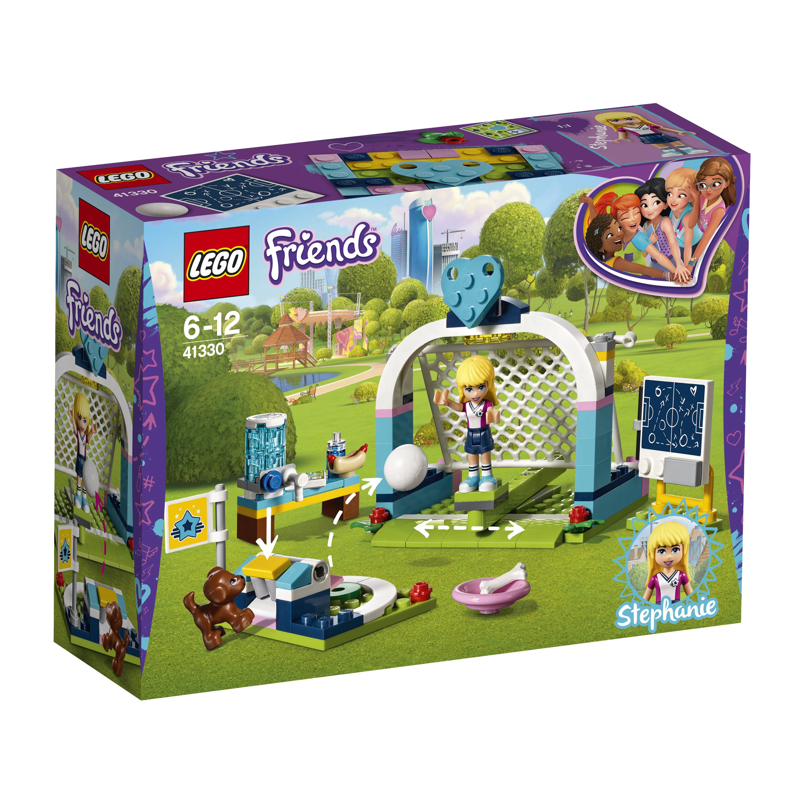 Zestaw Lego Friends z sceną boiska do piłki nożnej, figurkami, bramkami i psem.
