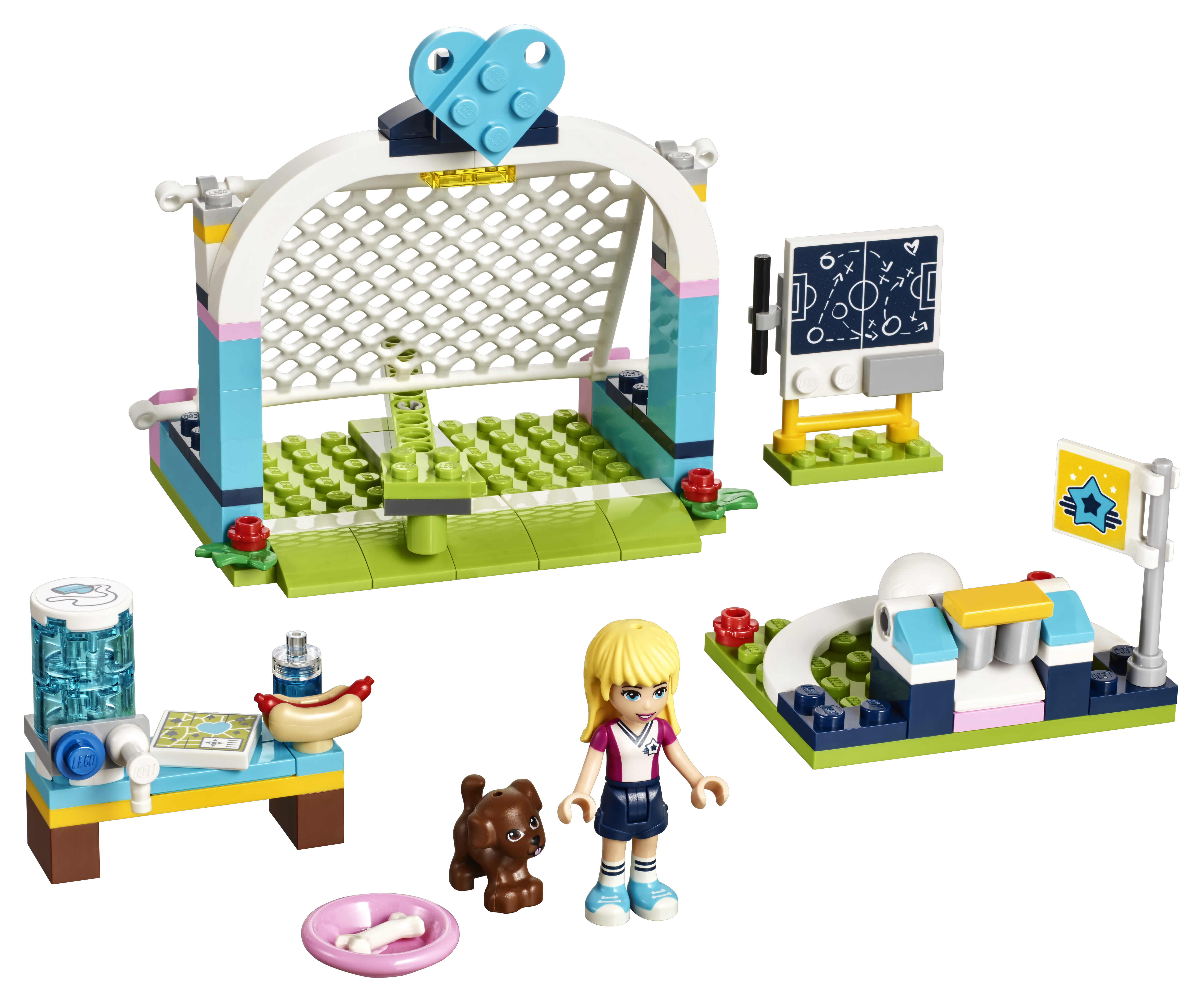 Zestaw LEGO Friends z boiskiem do piłki nożnej, bramką, zawodnikiem, psem, ławką i innymi akcesoriami.
