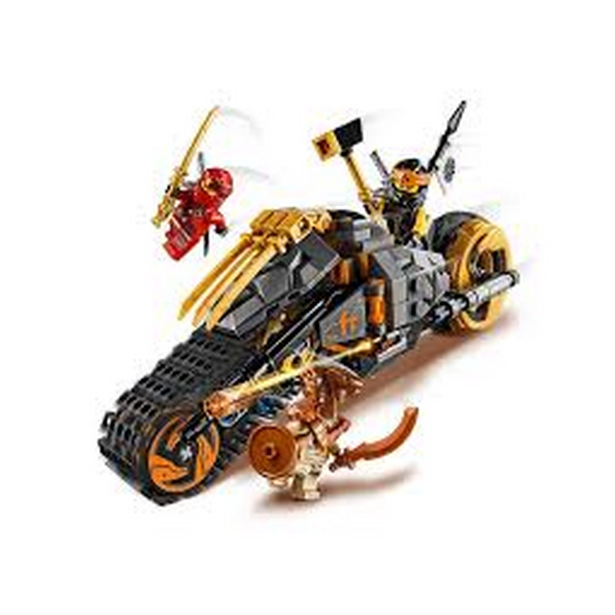 Set Lego Ninjago con personaggi, una moto e armi. Personaggi rossi, oro e marroni.