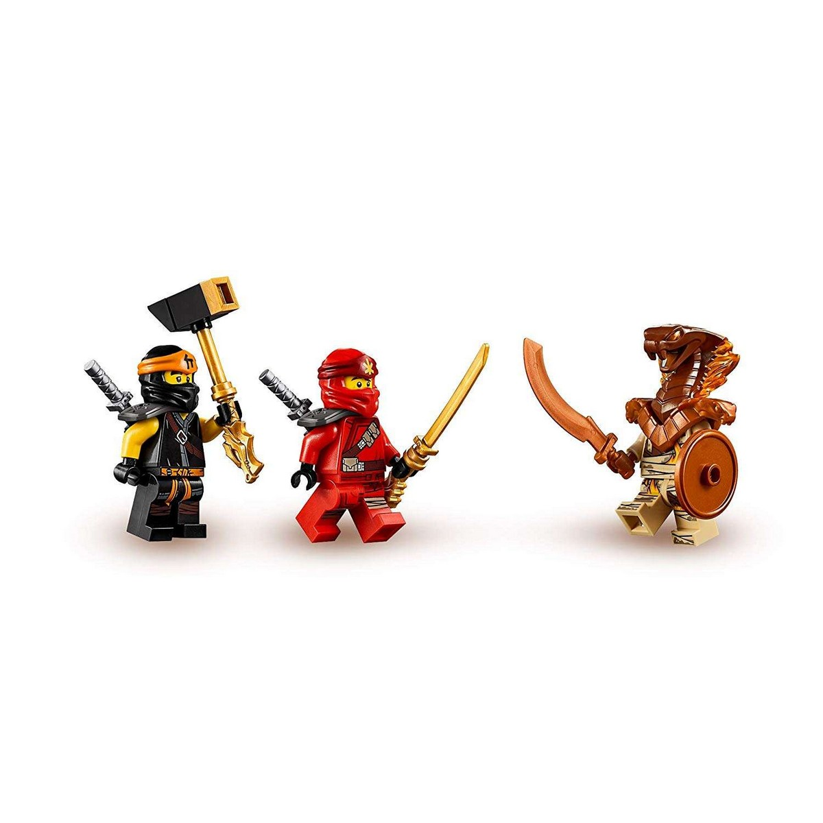 Tre minifigure Lego in azione: un guerriero con un martello, un ninja rosso e una figura simile a un serpente.