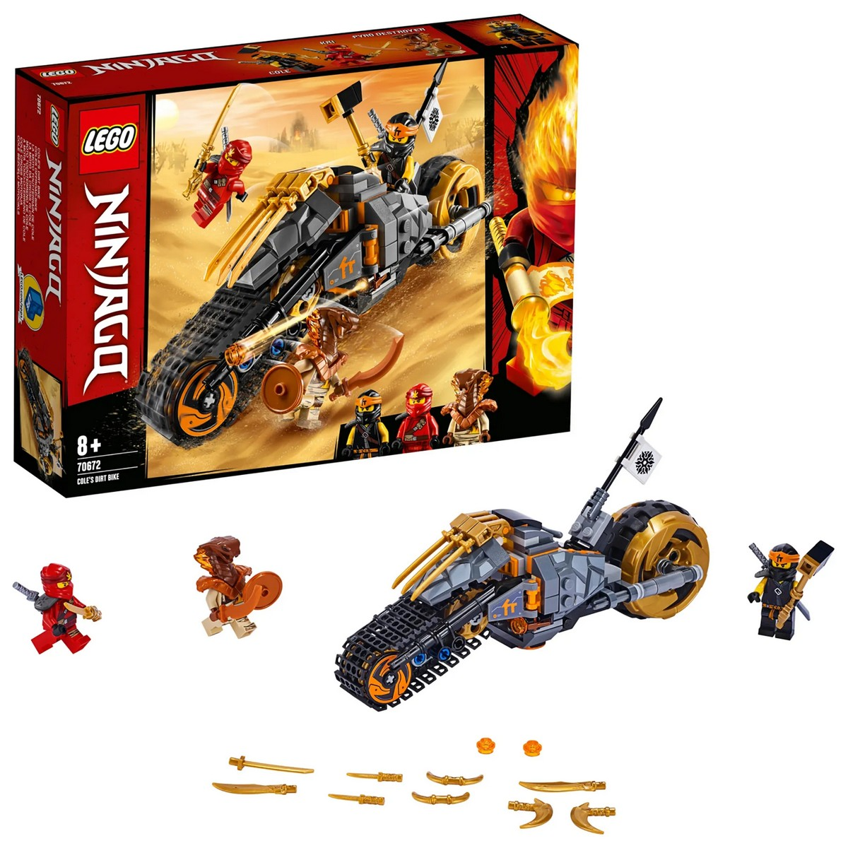Set Lego Ninjago con moto e minifigure. La scatola e il set sono in mostra.