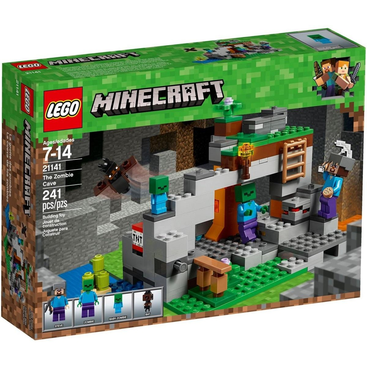 Zestaw LEGO Minecraft: Pudełko przedstawiające scenę z jaskini zombie z figurkami i klockami.