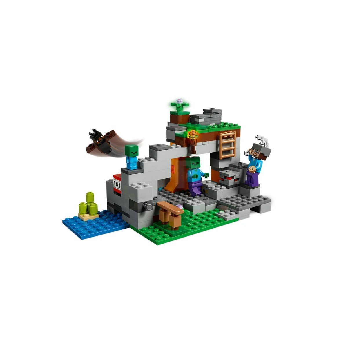 Zestaw Lego Minecraft. Zombie, jaskinia, drabina i figurki. Niebieska woda, blok TNT.