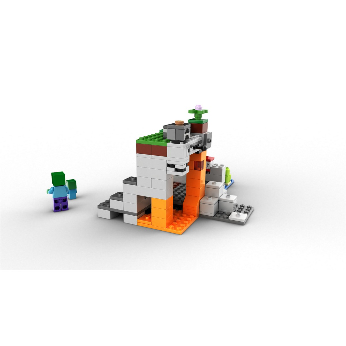 Zestaw Lego Minecraft, przedstawiający strukturę z lawą i figurką zombie.