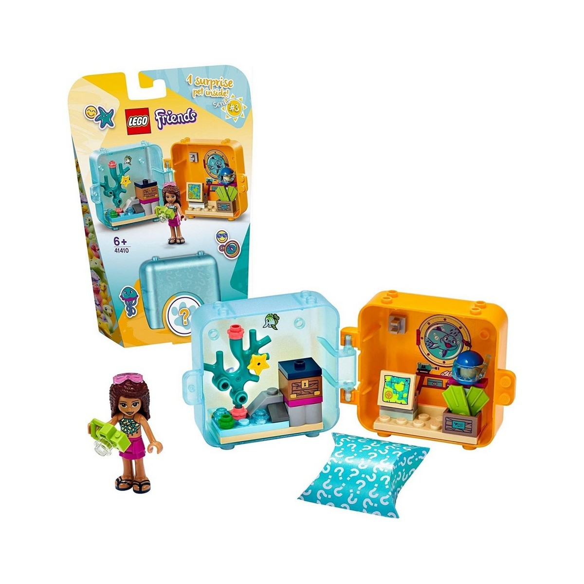 Il set LEGO Friends presenta una ragazza e due scatole aperte. Le scatole rivelano una scena sottomarina con un animale domestico e accessori.