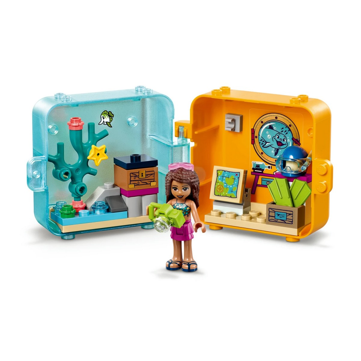 Set Lego Friends, una ragazza con una fotocamera è di fronte a un laboratorio di ricerca marina.