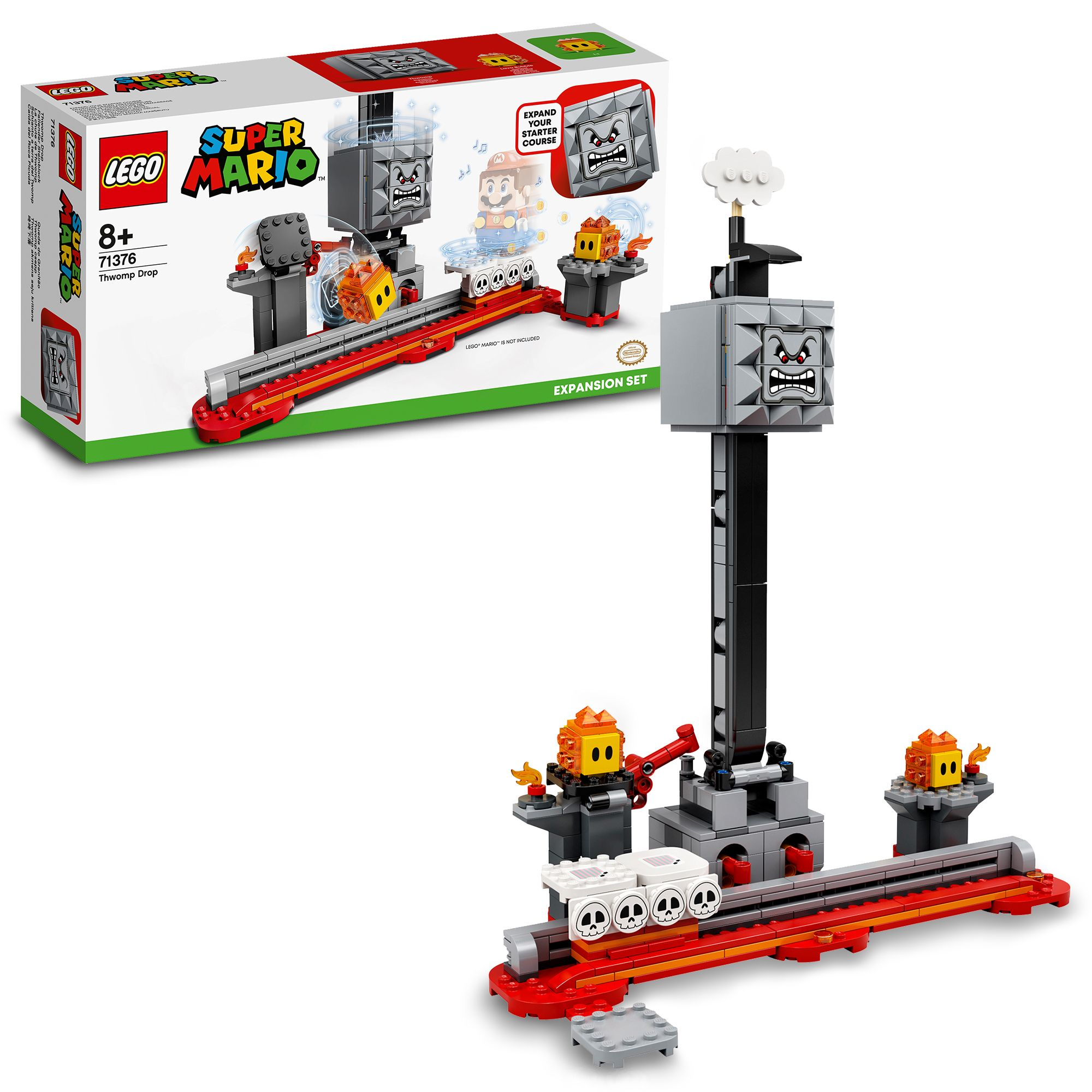 Set Lego Super Mario con un Thwomp, una pista e diversi personaggi Lego Mario.