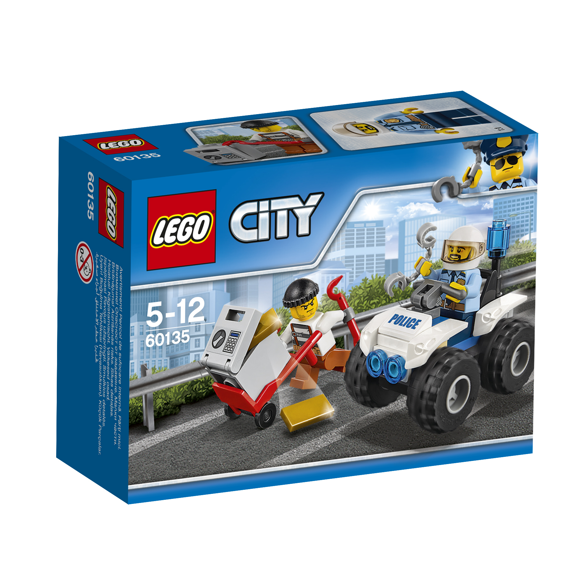 Scatola del set della polizia LEGO City con un'auto della polizia, un ladro e una scena del crimine.
