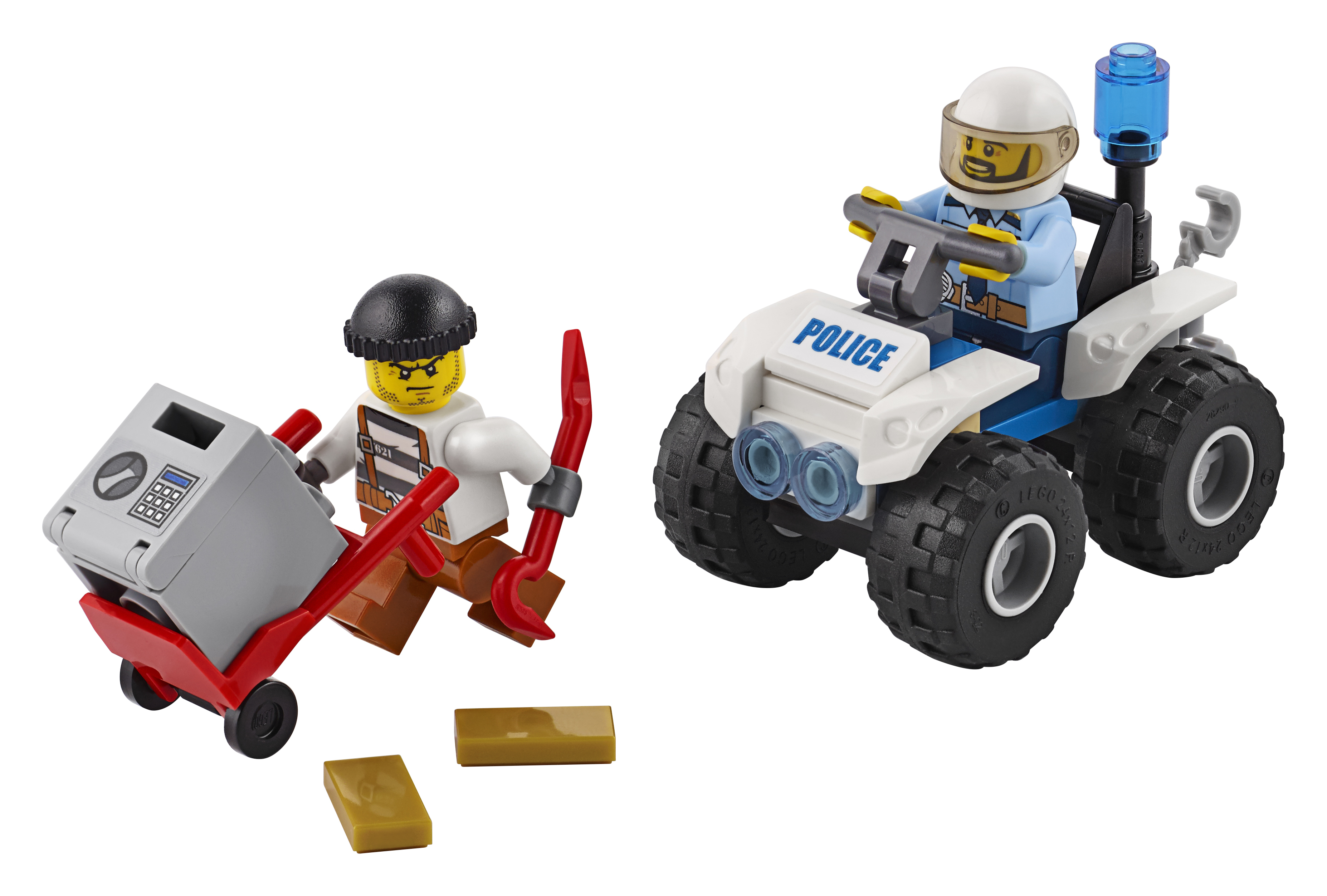 Un set Lego City con un ladro, un agente di polizia su un ATV e lingotti d'oro rubati.