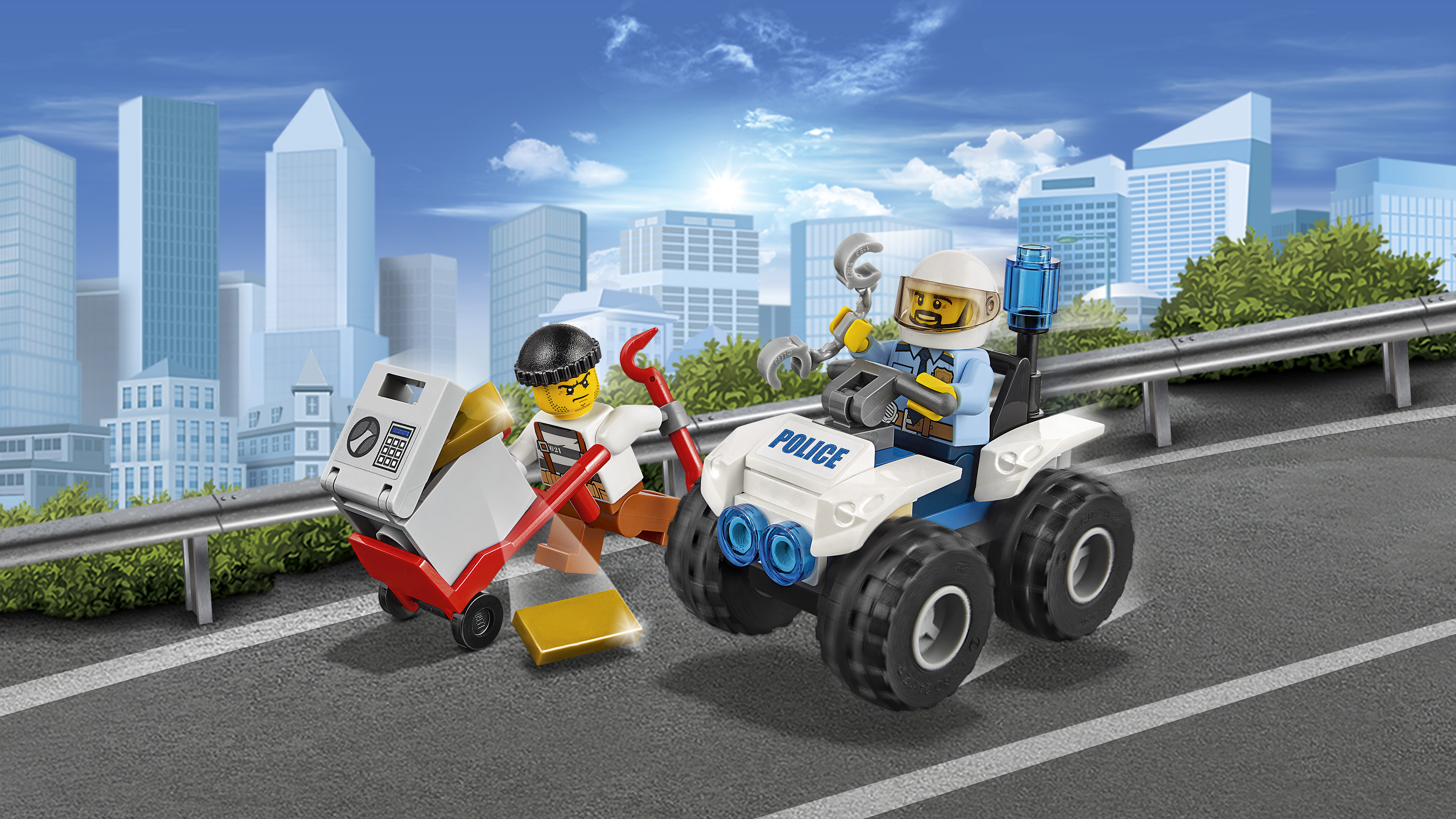 Set Lego City con un'auto della polizia, un ladro con un carrello e uno sfondo cittadino.