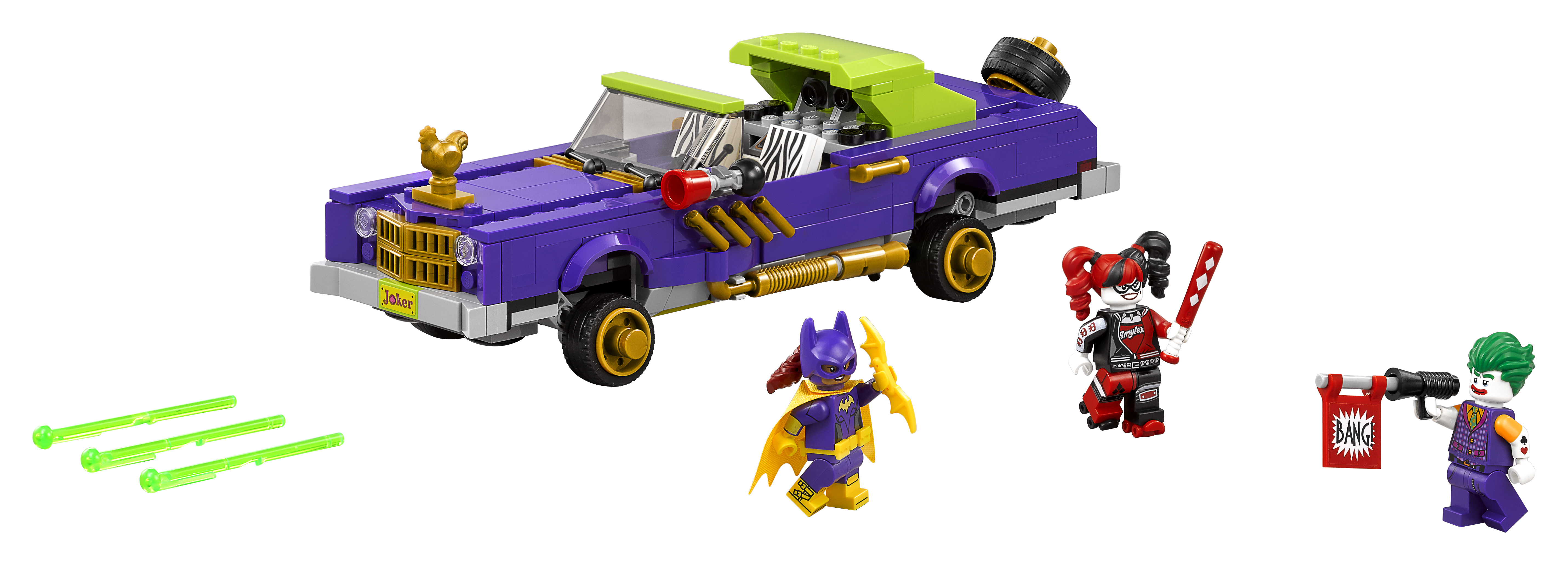 Lego DC Comics set met de auto van de Joker, Batgirl, Harley Quinn en de Joker.