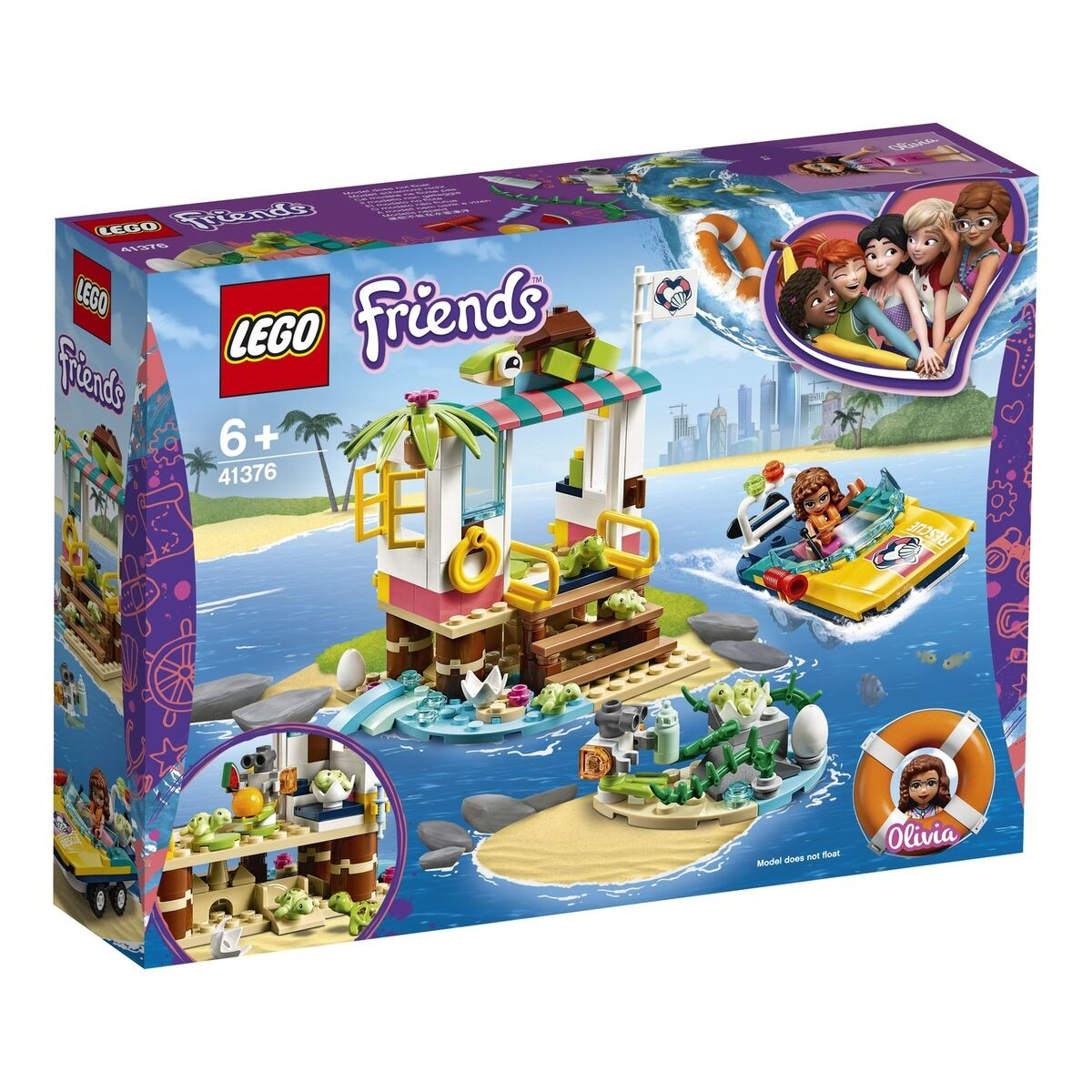 Pudełko Lego Friends ze sceną na plaży. Zawiera stację ratowniczą, łódź i postacie na wodzie.
