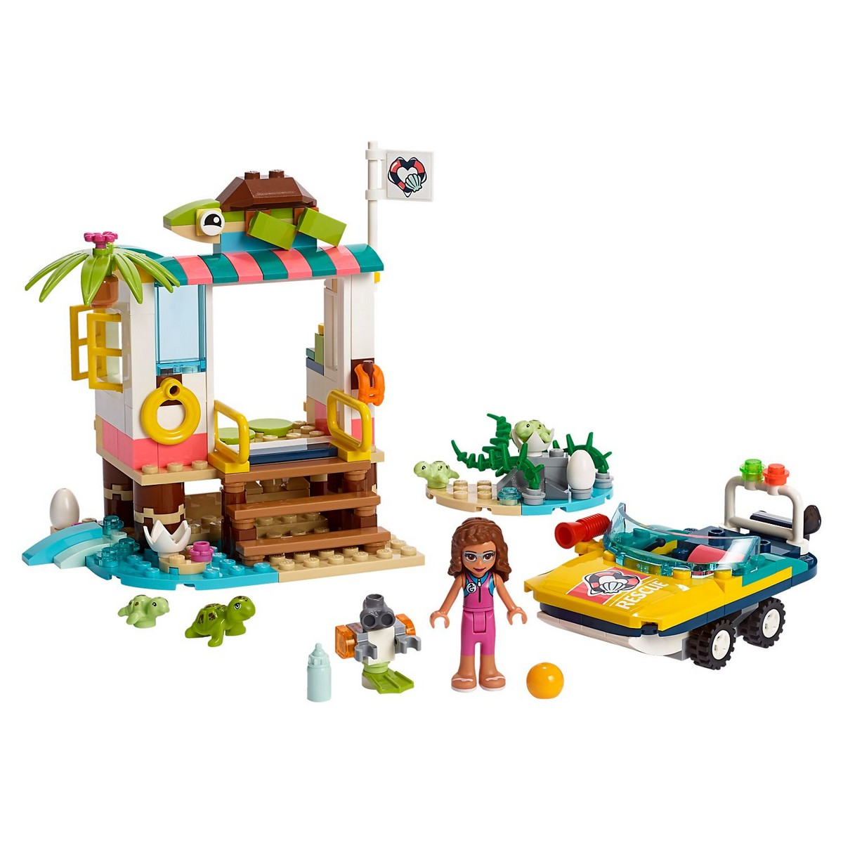 Zestaw ratunkowy na plaży Lego Friends, z chatką na plaży, łodzią i figurkami żółwi, na białym tle.