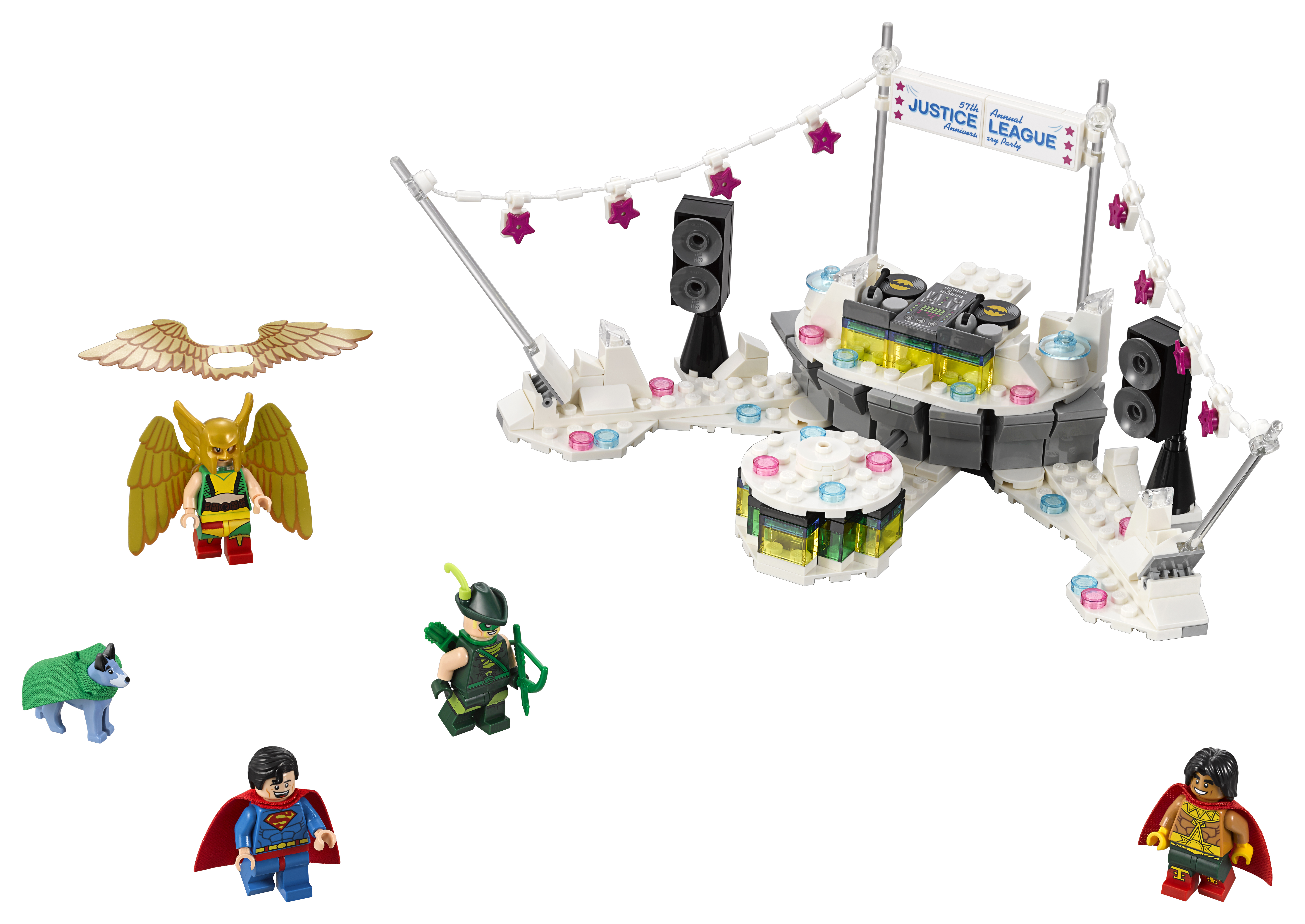 Lego set: Justice League thema podium met minifiguren van superhelden en schurken.