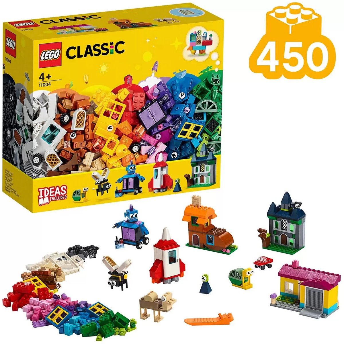 Scatola del set Lego Classic con mattoncini colorati ed esempi di costruzioni, include 450 pezzi.