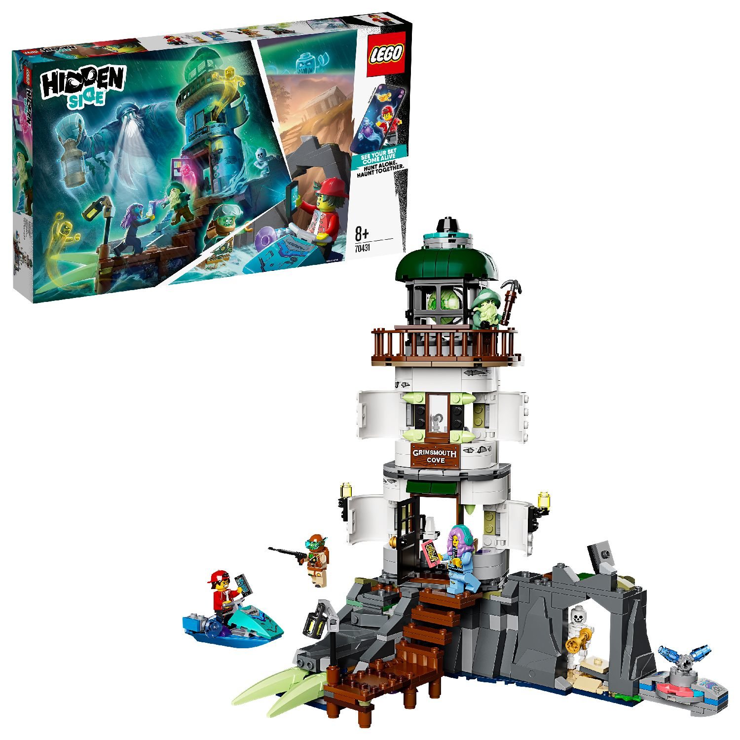 Lego Hidden Side seti: Hayaletler, minifigürler ve seti gösteren bir kutu ile deniz feneri.