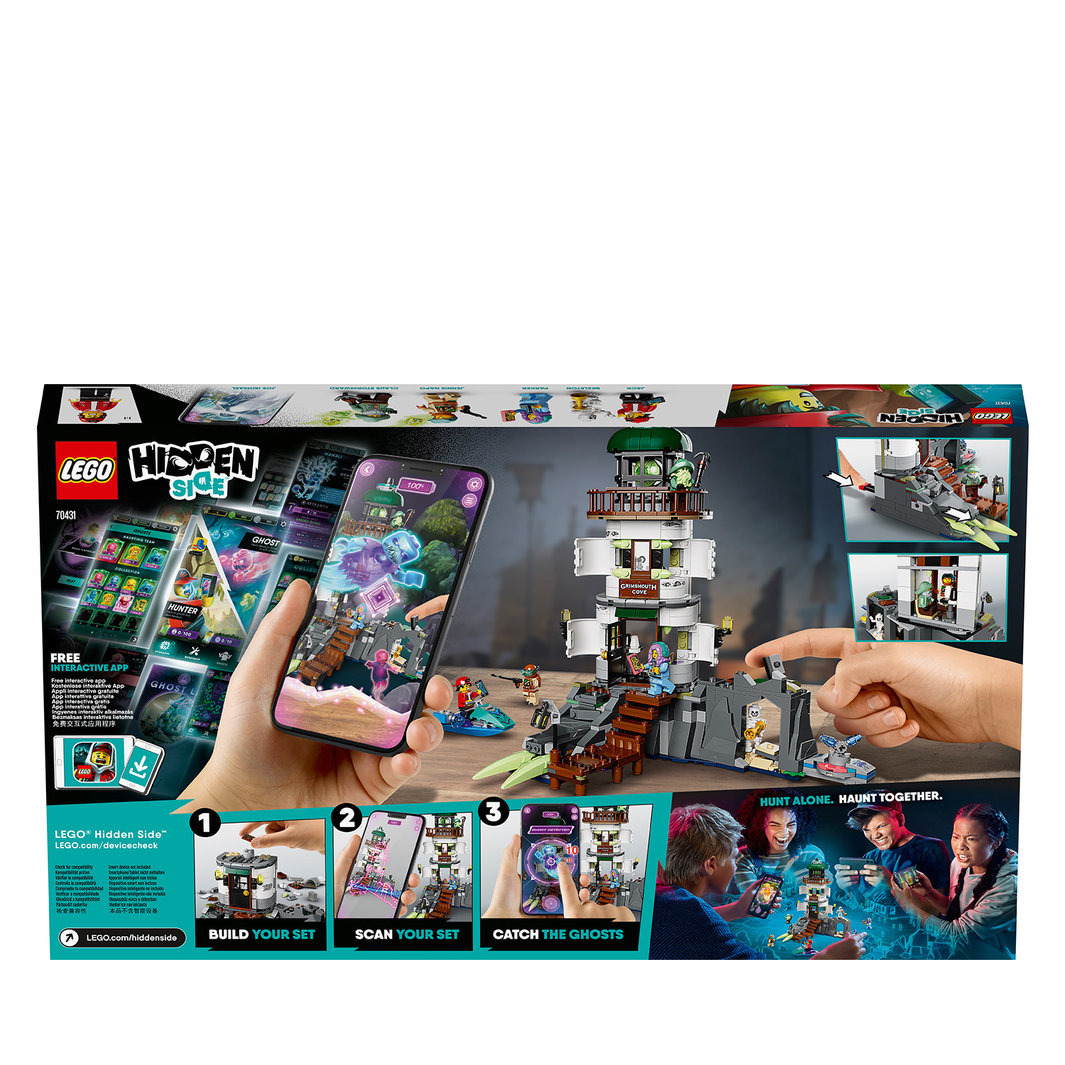 LEGO Hidden Side set kutusu, perili bir sahneyle etkileşimde bulunan bir telefon tutan elleri gösteriyor.