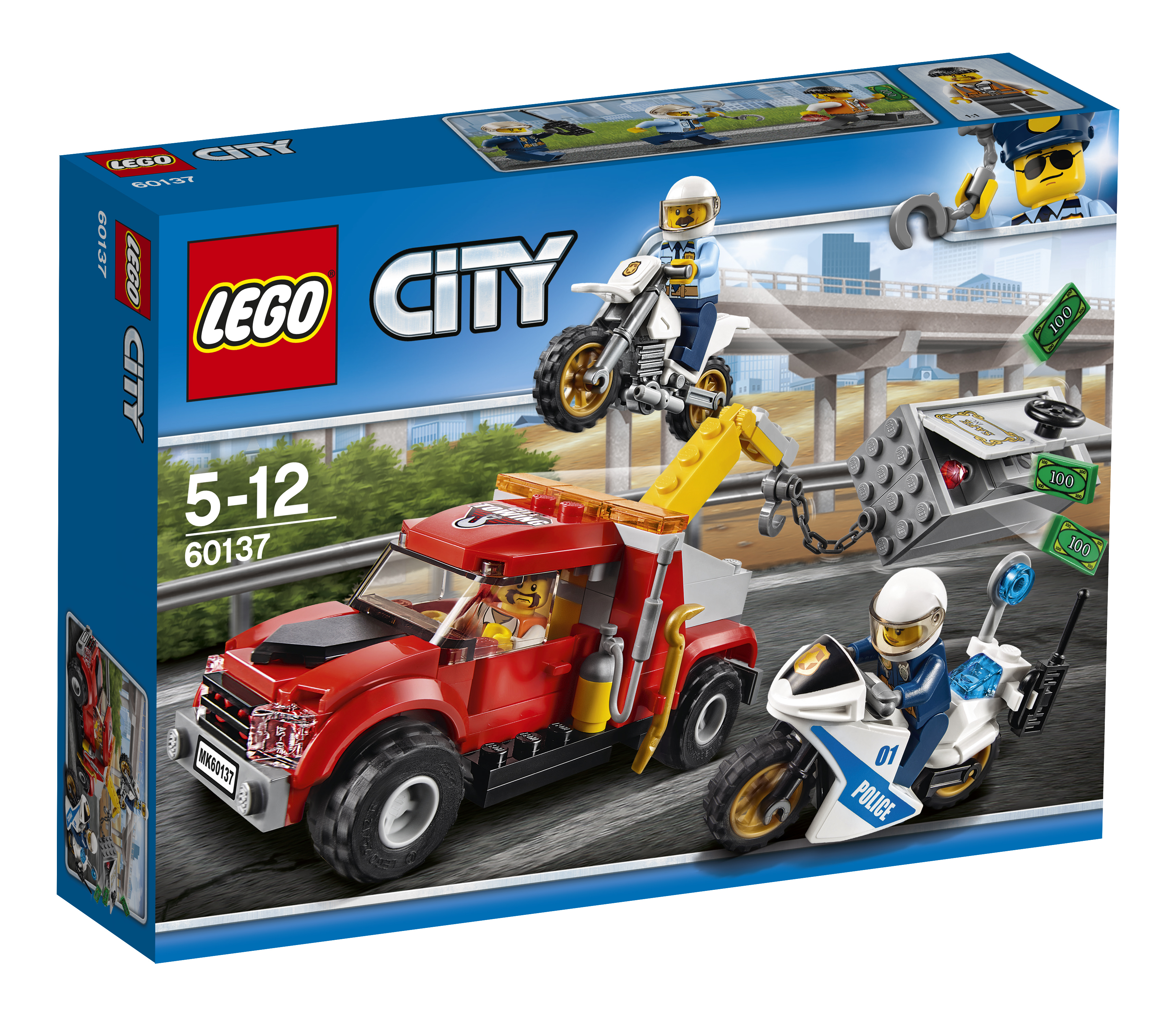 Pudełko zestawu Lego City. Zawiera radiowóz, motocykl i lawetę ścigające przestępców. Tło to droga i most.