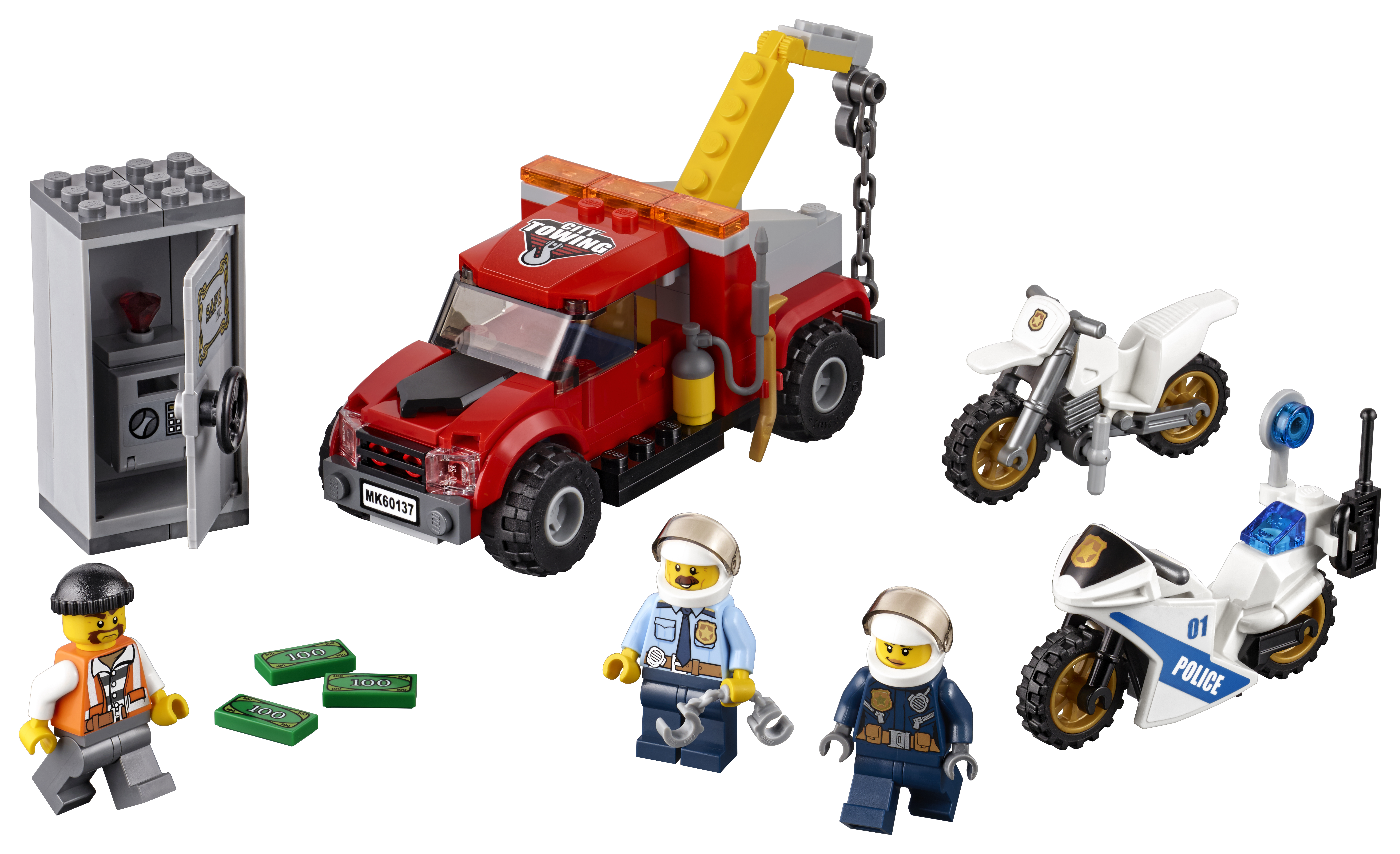Zestaw Lego City z lawetą, sejfem bankowym, motocyklami policyjnymi i minifigurkami na białym tle.