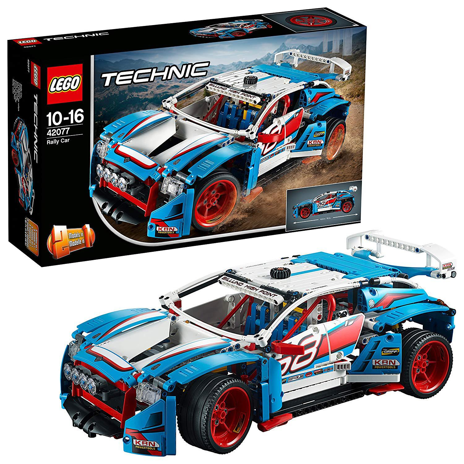 Model samochodu rajdowego Lego Technic, niebiesko-czerwony, z czarnym pudełkiem.